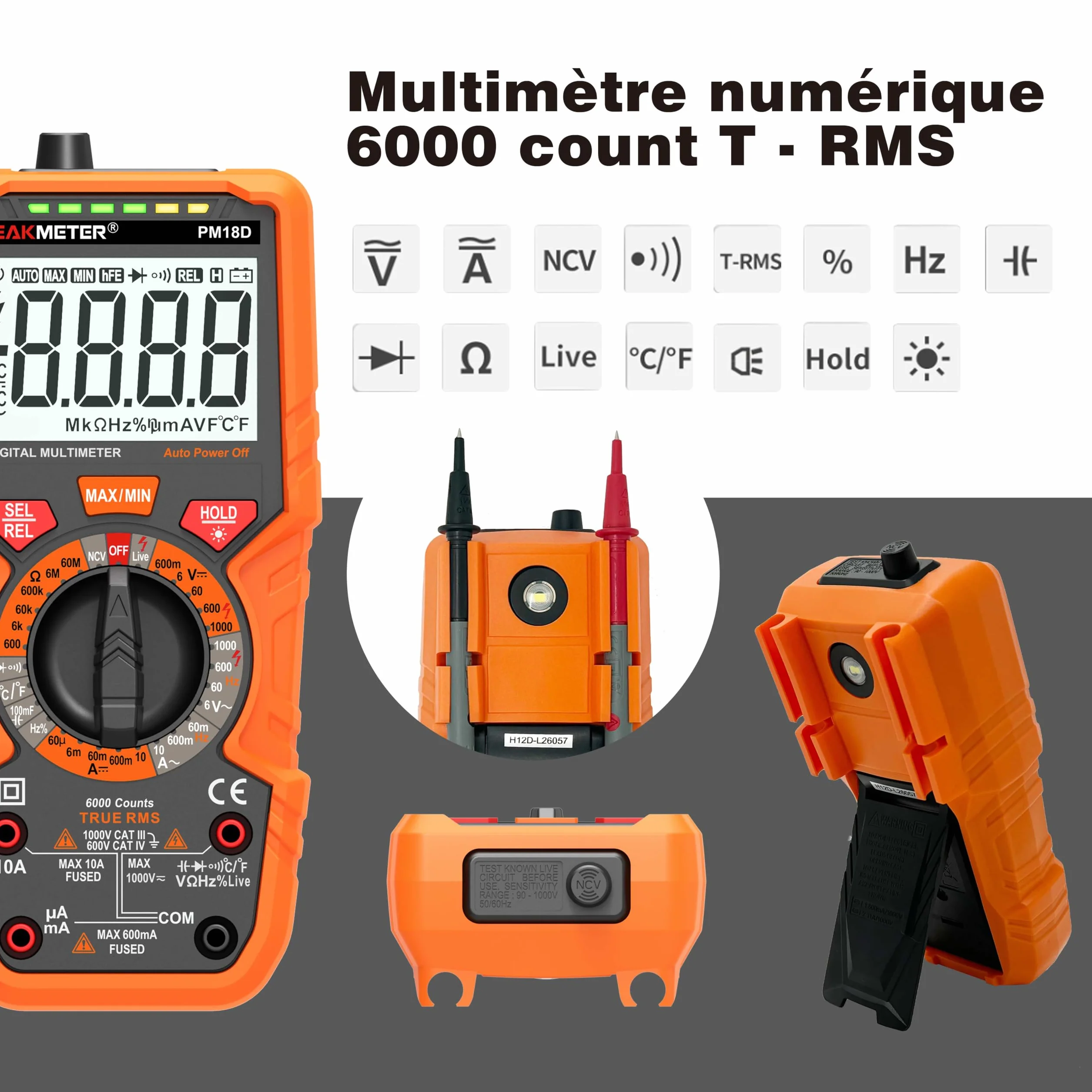 Multimètre numérique 6000 comptes RMS vrai voltmètre ampèremètre ohmmètre mesure tension courant résistance diode continuité température fréquence NCV écran LCD lampe de poche