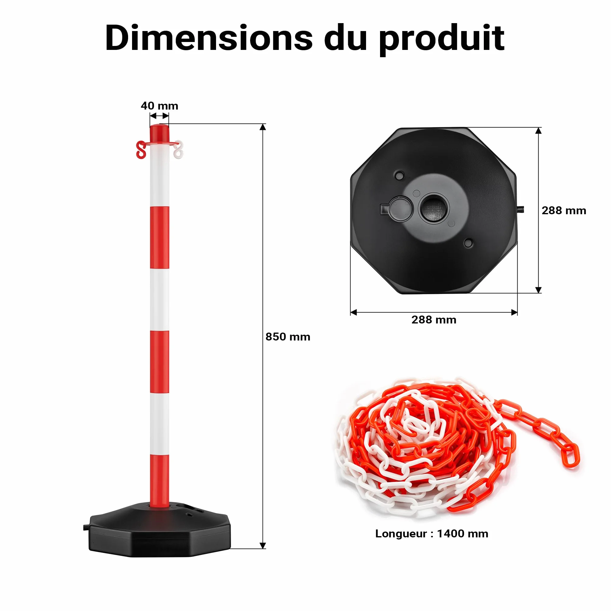 Wiltec Poteaux de chaîne 80 x 28 x 28 cm rouge blanc chaîne 1,4 m crochets S base remplissable bornes stationnement