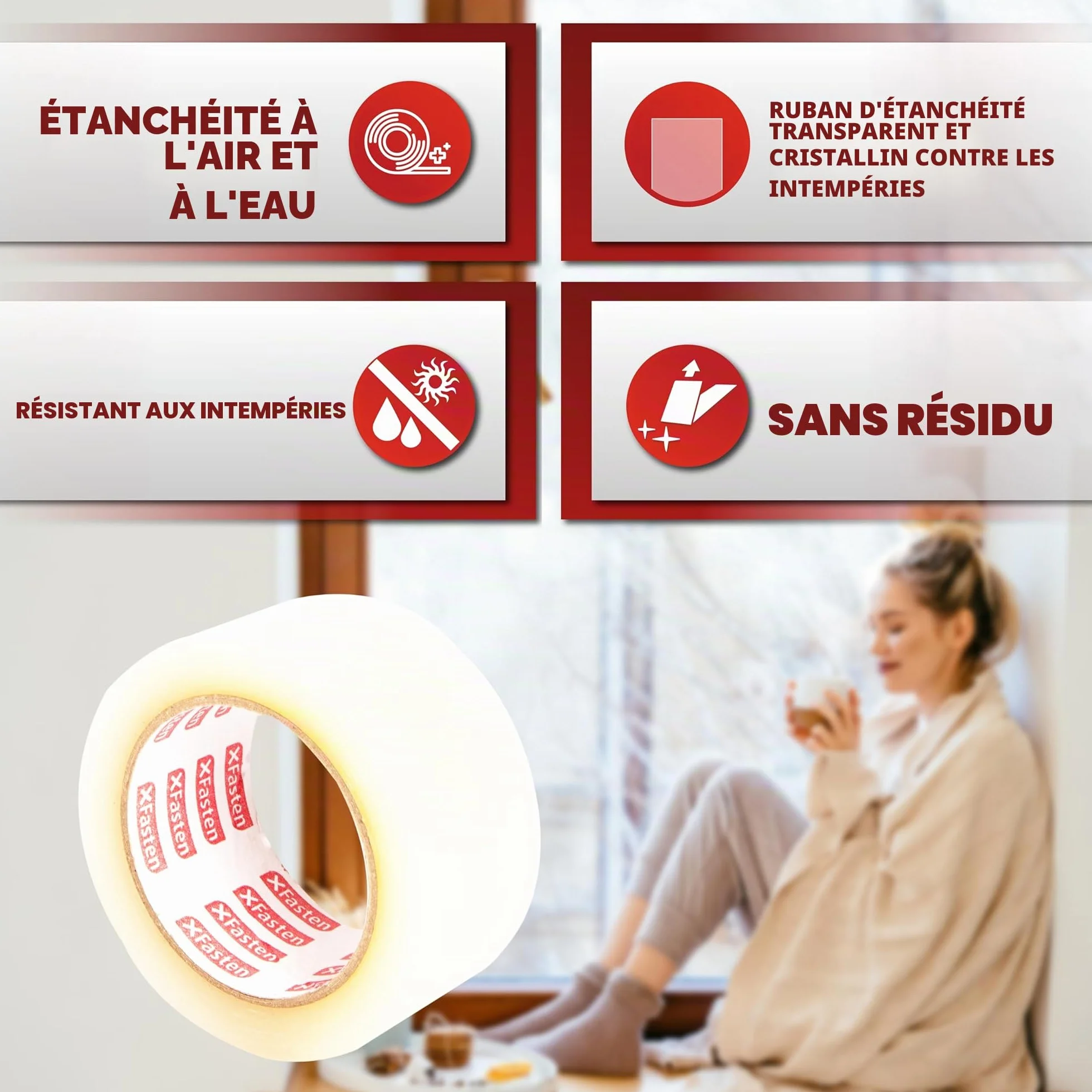 XFasten Ruban d'étanchéité transparent pour fenêtres 2 pouces x 30 yards 50.8mm x 27.43m isolation courants d'air sans résidu