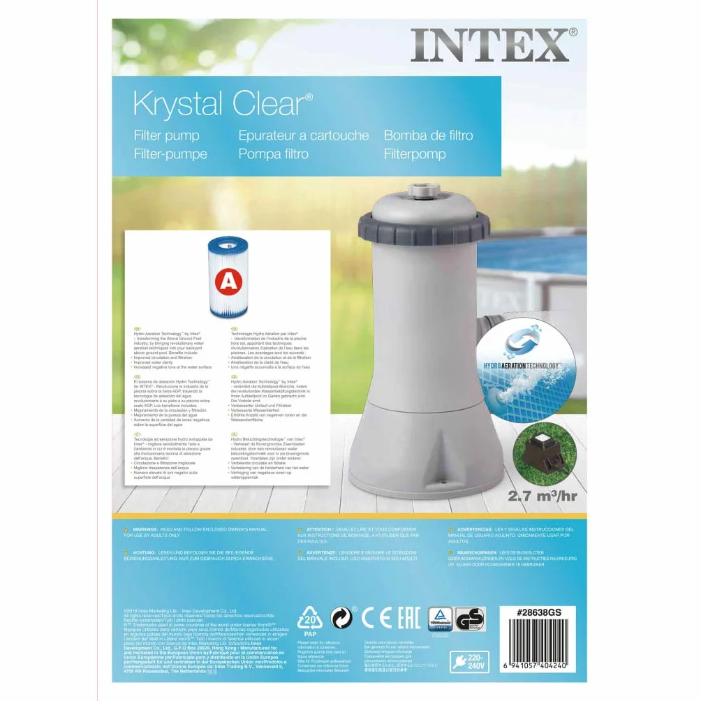Intex Pompe filtrante à cartouche transparente Krystal - Système de filtration à cartouche de piscine - Gris - 900 L/H