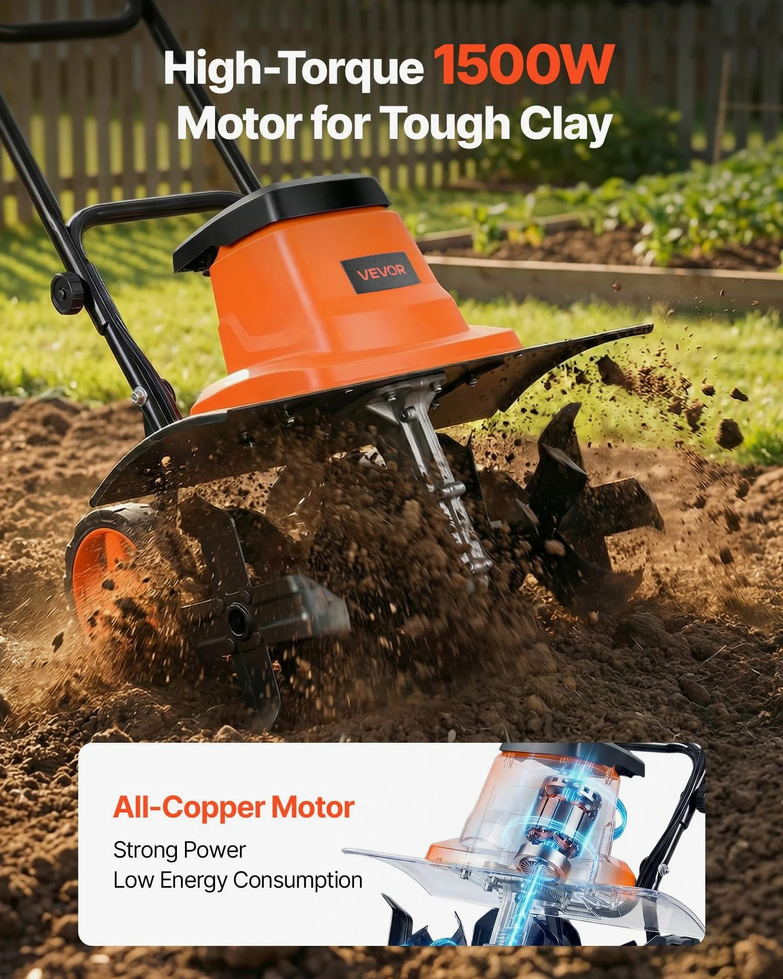 VEVOR Motobineuse Électrique Filaire 1500 W, Largeur de Travail 45 cm Profondeur 22 cm, Motoculteur de Jardin avec Fraises en Acier et Poignée Pliable, pour Potager, Cour et Pelouse, Arrêt de Sécurité