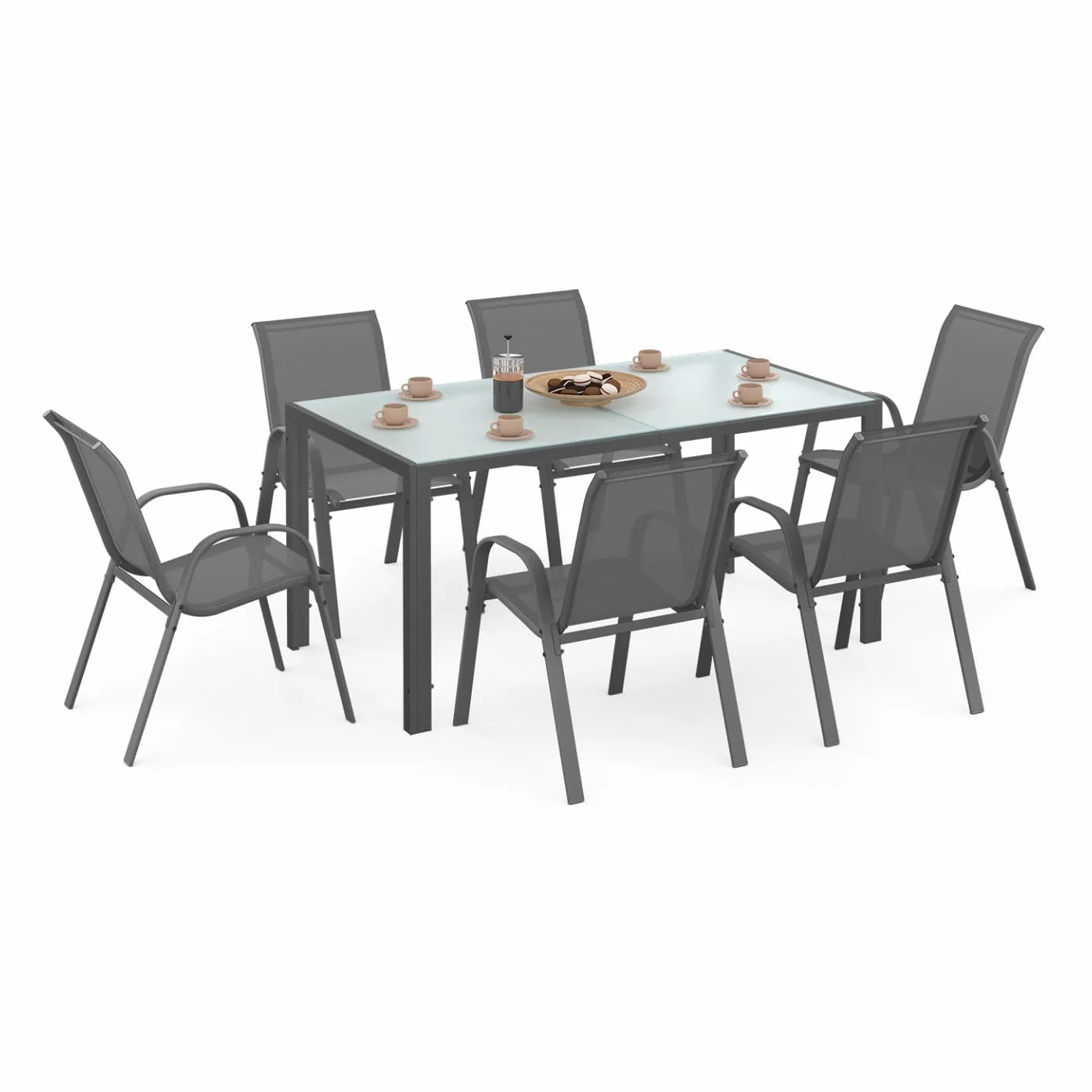 IDMarket - Salon de Jardin Madrid Table 150 CM et 6 chaises empilables Gris Anthracite Plateau Clair
