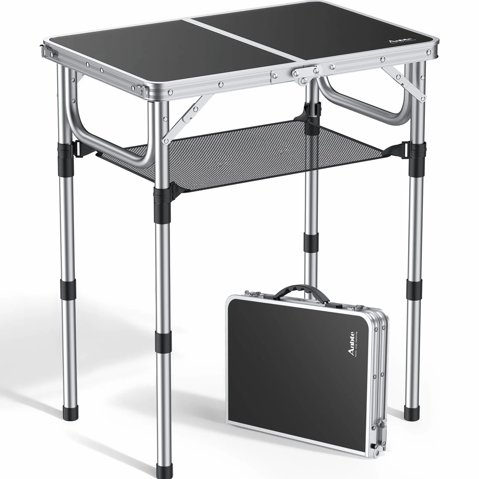 Anbte Table de Camping Pliante avec Rangement Net 3 Hauteurs Aluminium MDF Noir