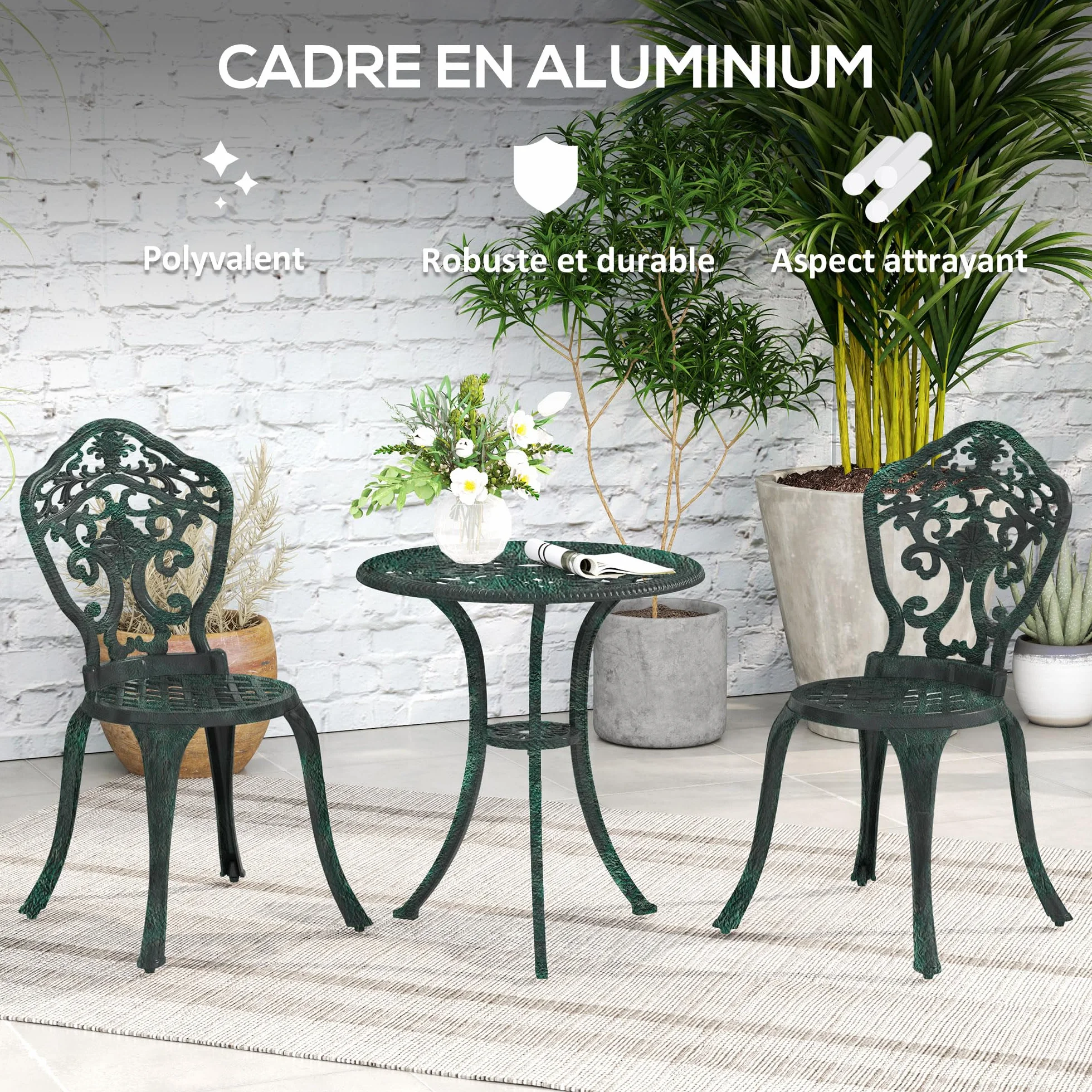 Outsunny Ensemble bistrot pour Jardin en Aluminium Salon de Jardin 3 pièces 2 chaises + 1 Table Ronde Imitation Fer forgé Vert