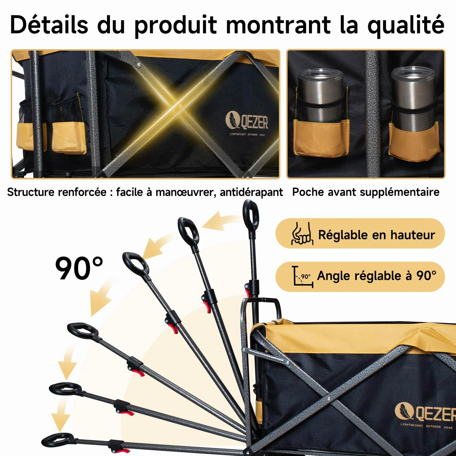 Chariot Pliable avec Roues Tout Terrain,Capacité de Charge 220 kg/270 kg, Chariot de Transport Multifonction pour Plage，Jardin, Camping, Pêche et Barbecue (Noir et Jaune, Grande Taille)
