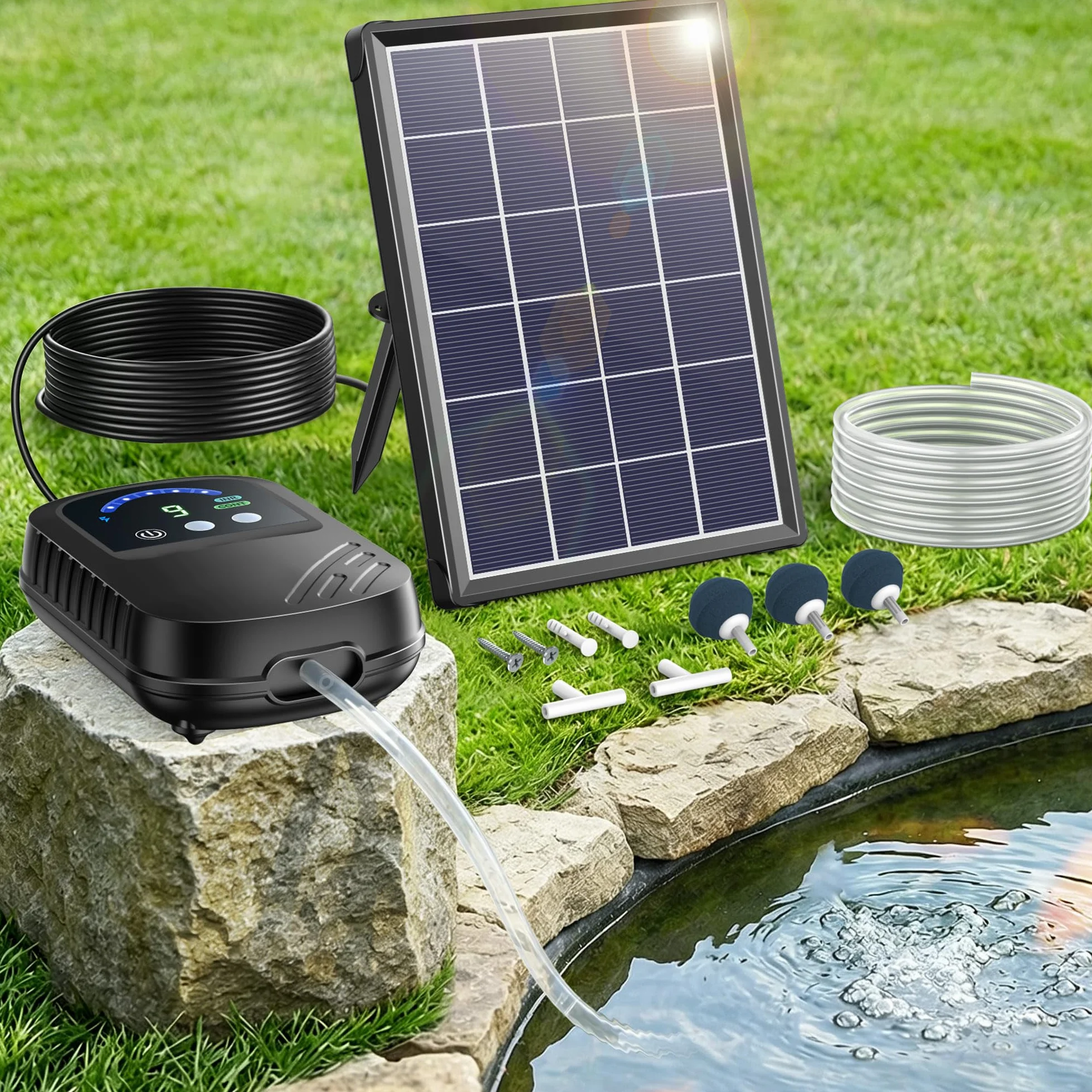 Biling Aérateur de Bassin Solaire 4 W avec Batterie 2200 mAh - Pompe à Oxygène Silencieuse IPX5 pour Bassin de Jardin