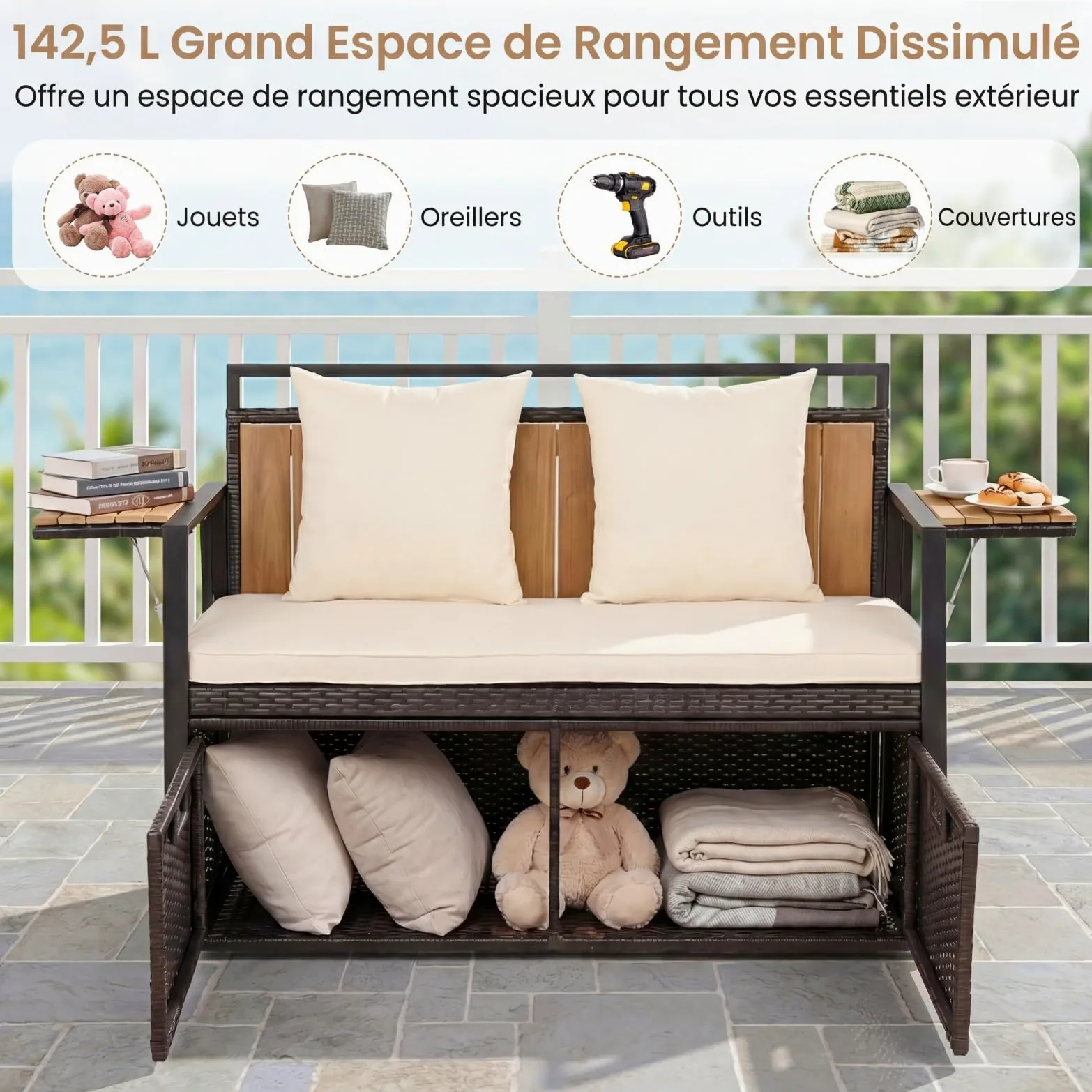 COSTWAY 2 en 1 Banc Coffre Extérieur en Rotin PE, Banc de Jardin 2 Places avec Coussins, Coffre de Rangement 142,5 L, 2 Tables d'Appoint Pliables, Charge 360 kg, pour Terrasse Jardin Balcon (Blanc)