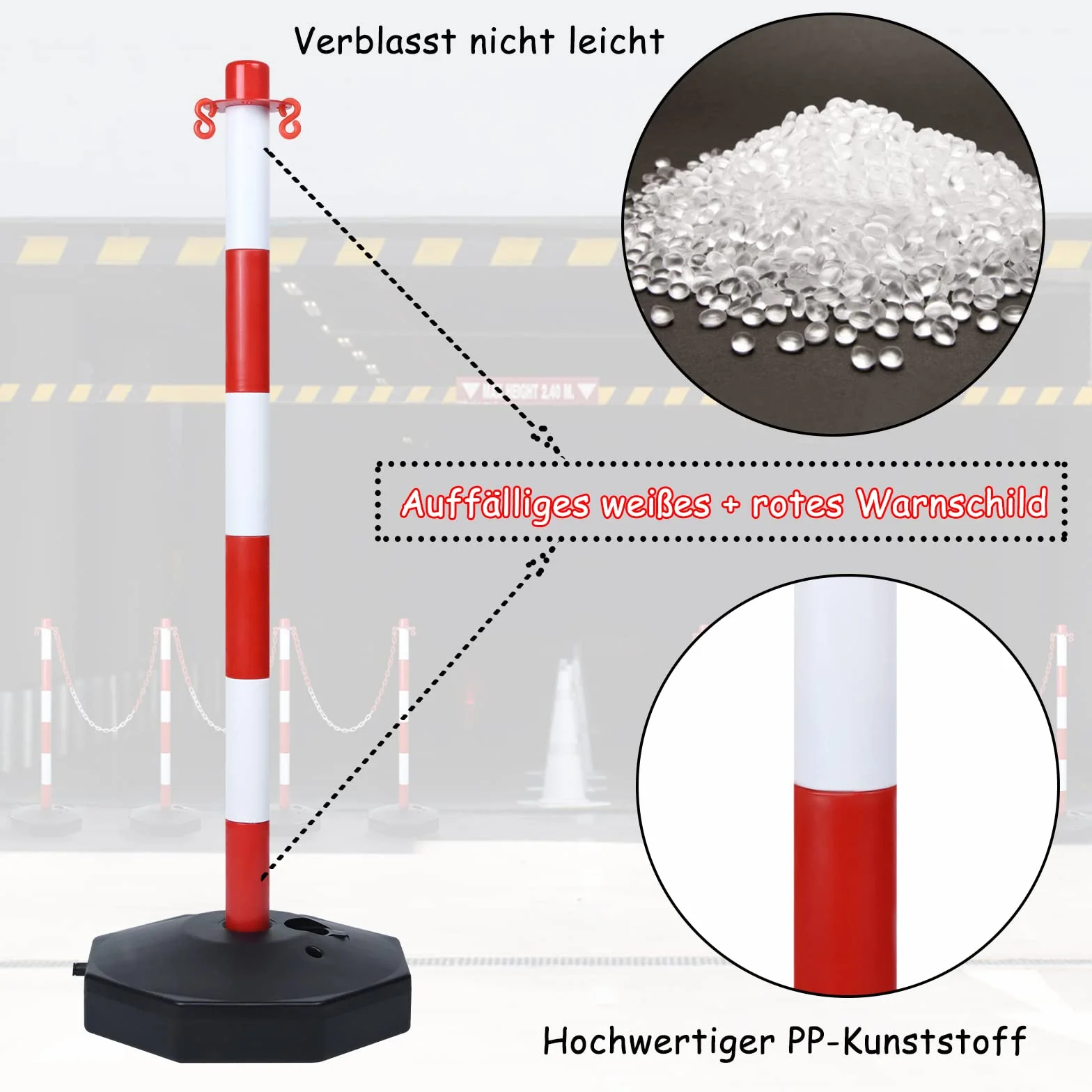 Poteaux de Barrière 2 pcs Potelets en Plastique avec Chaîne 140cm Poteau de Base PE PP 82cm Flexible Signalisation Cône Inclus Rouge+Blanc