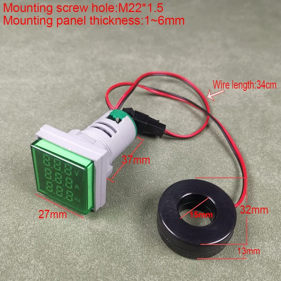 Testeur de Tension Courant Alternatif Multimètre Panneau AC 50-500V 0-100A 0-99 Hz LED 22mm