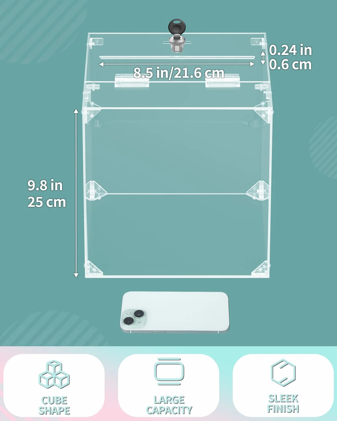 Uniclife Transparent Acrylic Donation Box with Lock 25x25x25 cm Square Suggestion Box