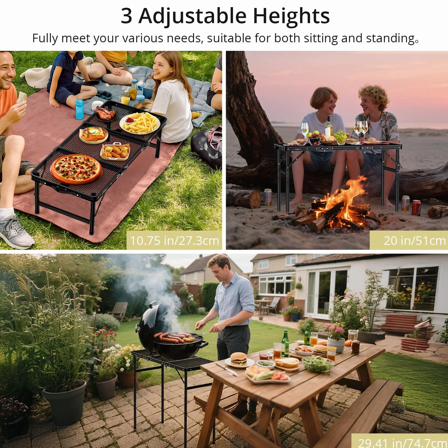 Table de Camping Pliante Anbte 90 x 40 cm 3 Hauteurs Réglables Aluminium Plateau Maille Métallique Portable Pique-Nique Jardin