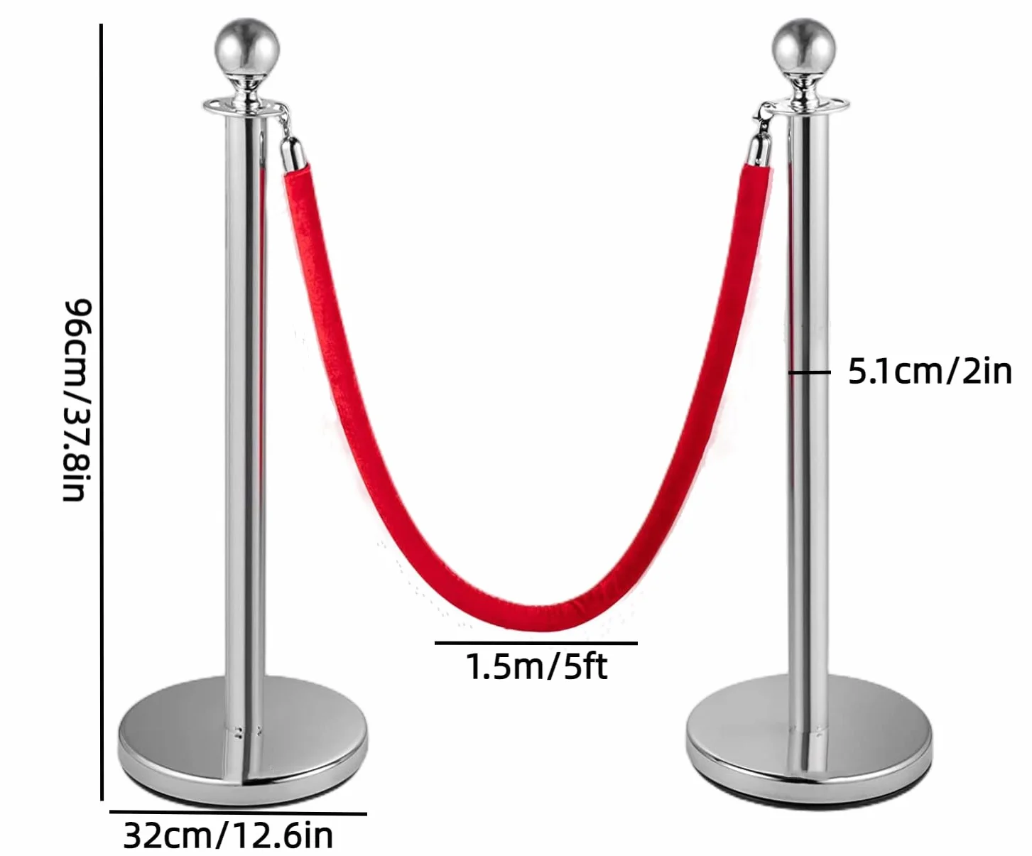 Poteaux de Guidage avec Corde en Velour Rouge 1,5 m, Barrière de Queue pour Contrôle de Foule, Base Creuse Argent