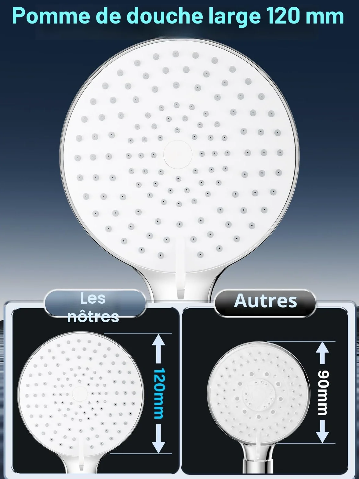 Pommeau De Douche Haute Pression YEAUPE PRO Avec Tuyau 1,6M - 3 Jets Anti Calcaire Chromé