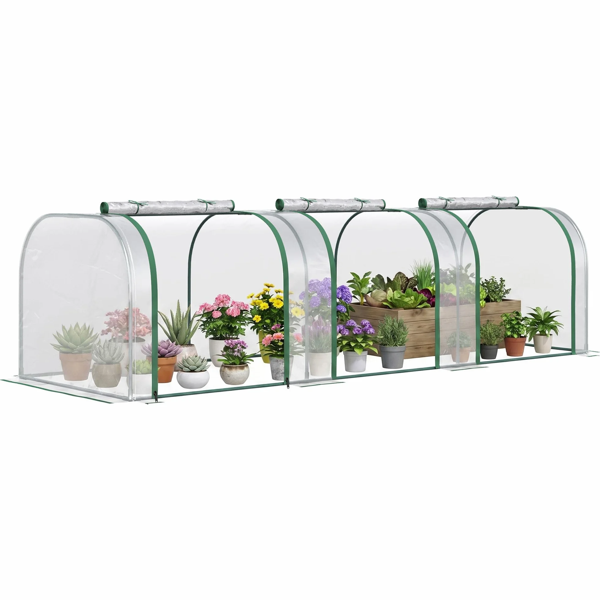 Outsunny Mini Serre de Jardin Mini Serre Tunnel Serre à Tomates 3 x 1 x 0,8 m Acier Plastique Haute densité Anti-UV 3 Portes avec Zip enroulables Transparent