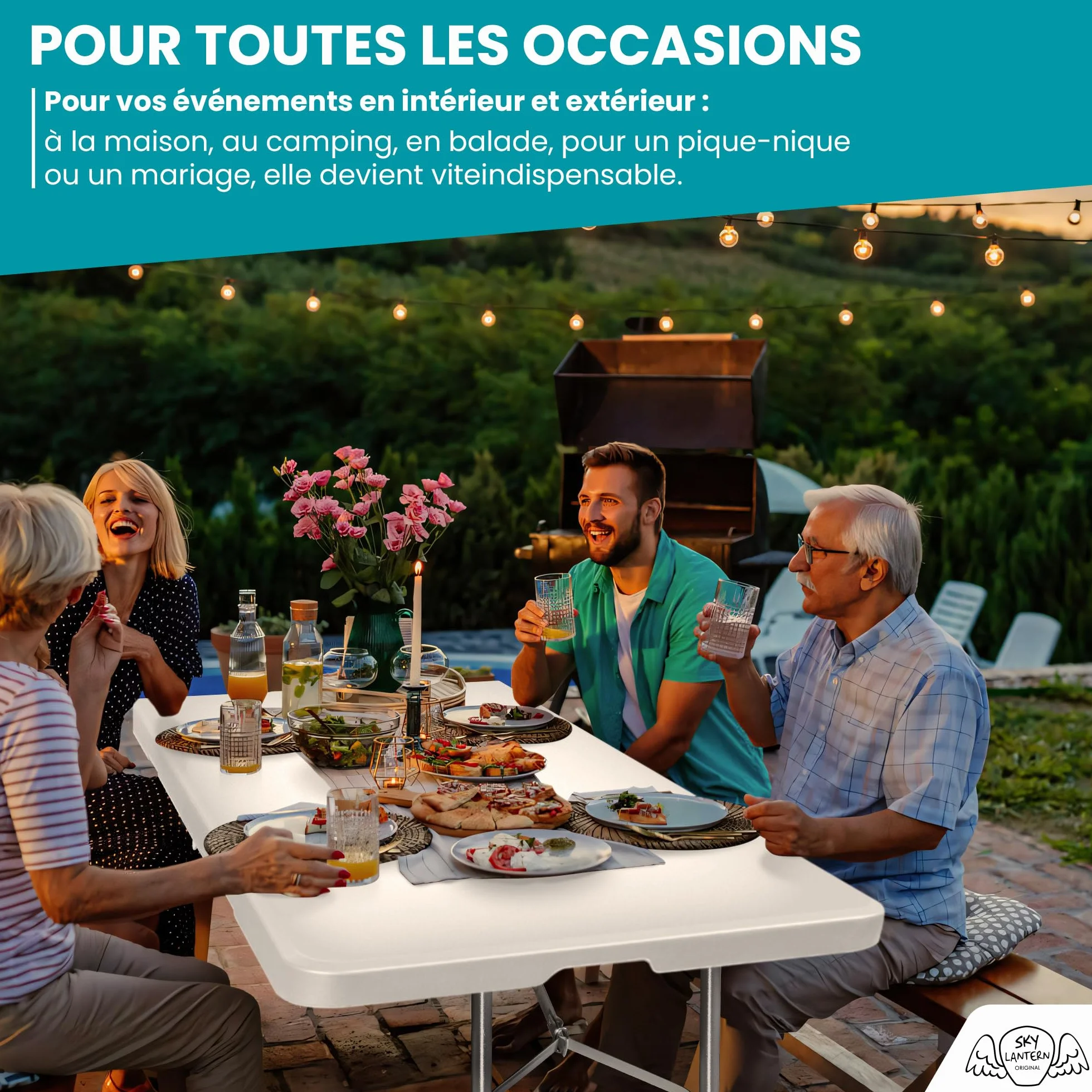 SKYLANTERN® Table Pliante Rectangulaire 180x75x74 cm Gris Clair - Table de Camping 8 Personnes HDPE 3,5 cm - Table de Jardin Pliante