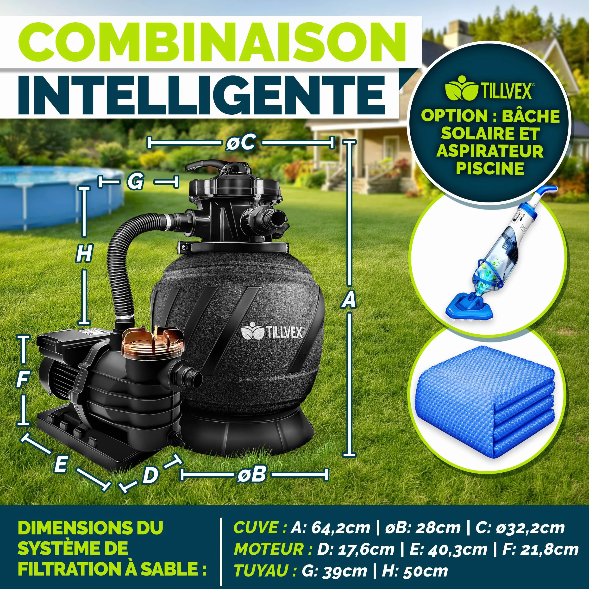 Tillvex Système de Filtre à Sable 10m³/h 800g Boules de Filtre 7 Fonctions Filtre de Piscine avec Indicateur de Pression AquaBlack Pro