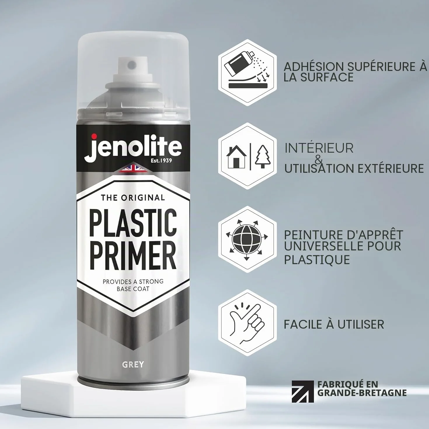 JENOLITE Plastic Primer Aerosol 400 ml Gris Apprêt plastique durable
