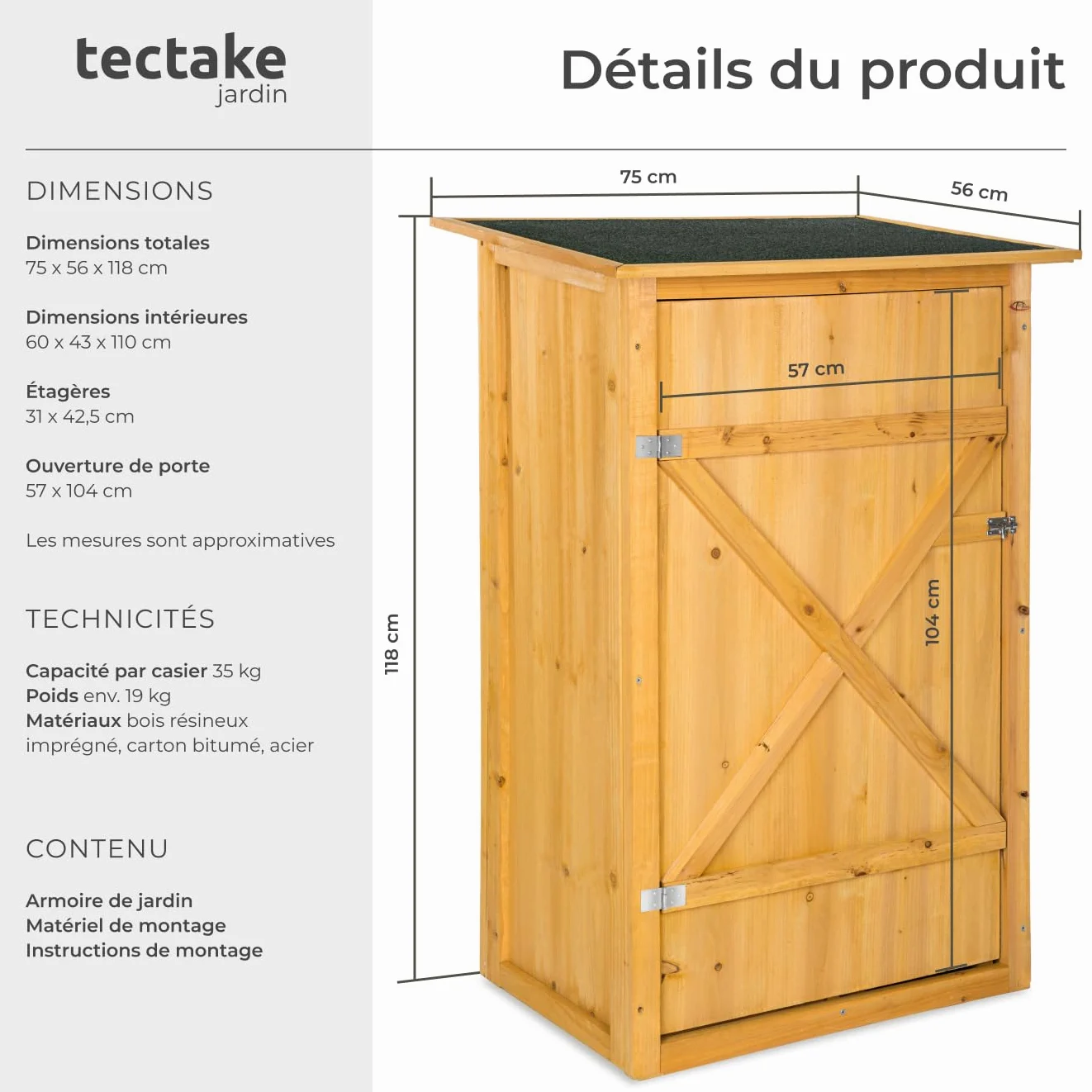 tectake® Abri de Jardin Bois Cabane de Jardin à Outils Toit Plat, Rangement et Stockage extérieurs pour Outils de Jardinage Armoire extérieure Abri de Stockage Remise Outil 75 x 56 x 118 cm