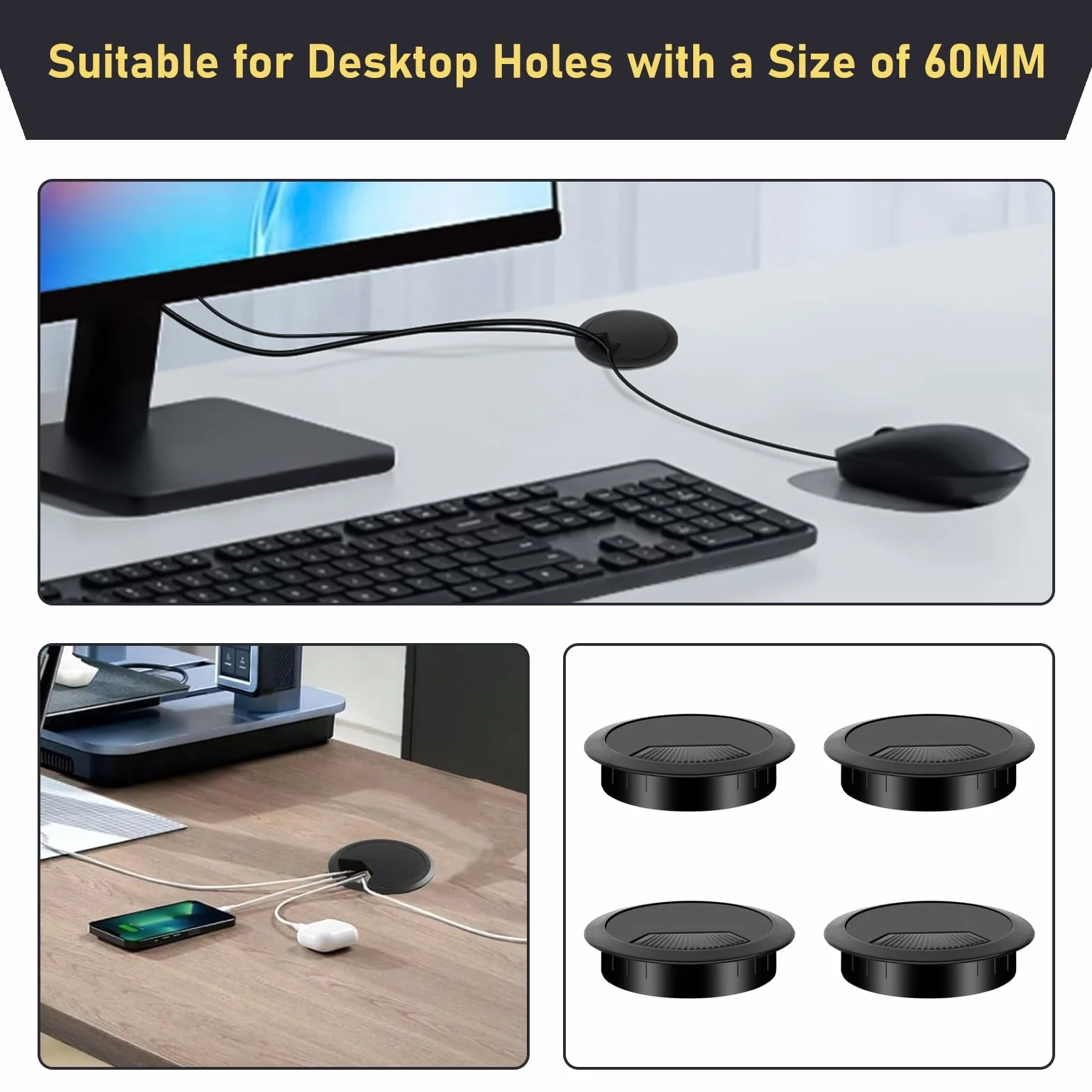 Cache-Câble Bureau 60 mm Noir 4 Pièces Rond Organisateur de Câbles