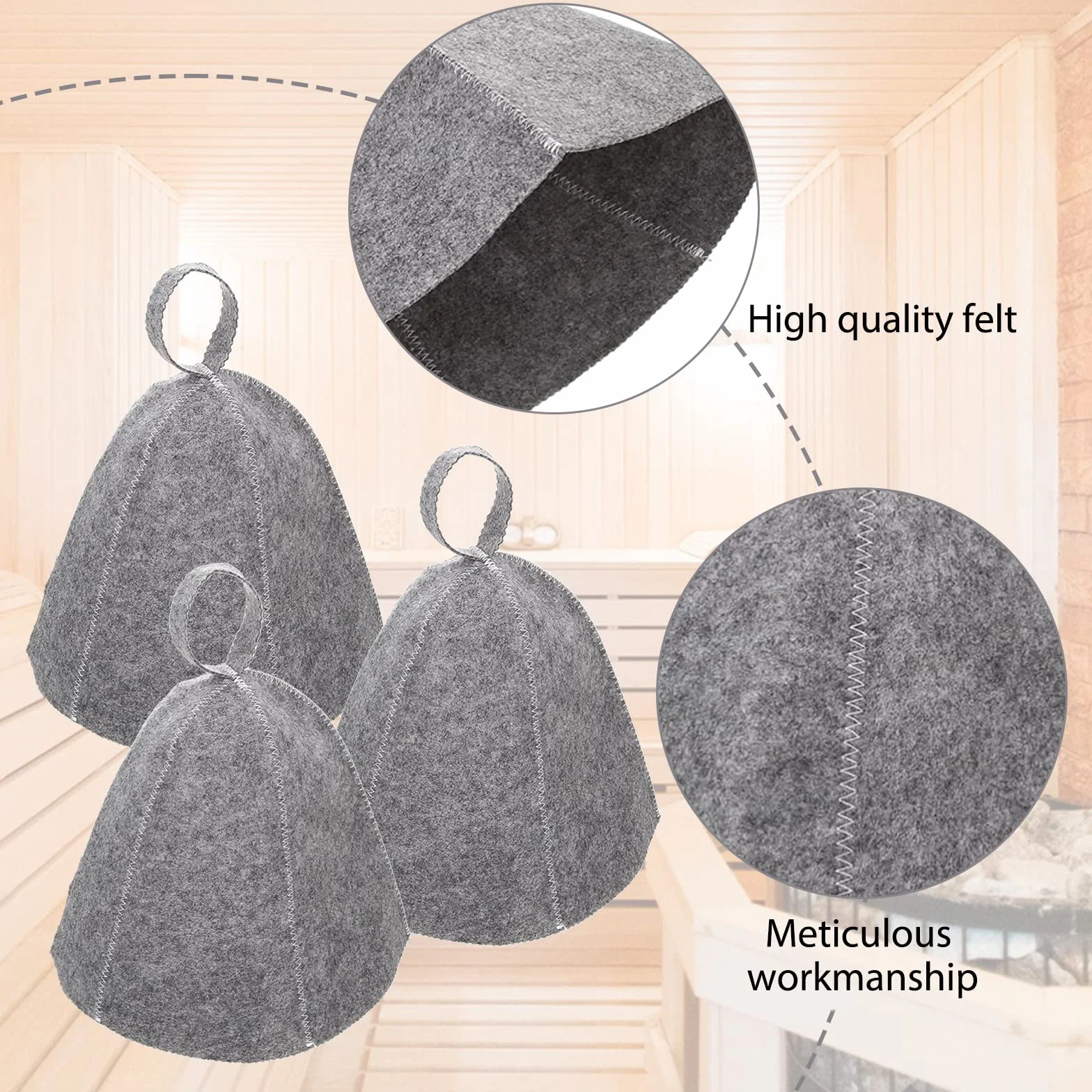 Bonnet de Sauna en Feutre Gris 3 Pièces pour Femmes et Hommes