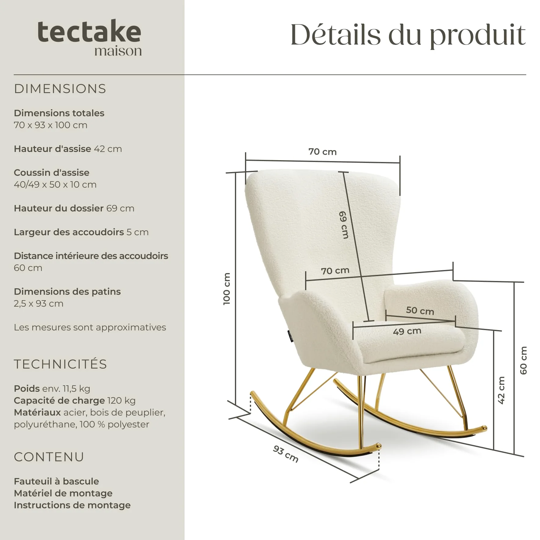 tectake® Rocking Chair Fauteuil à Bascule rembourée avec Accoudoirs Bouclette Cadre en Acier Fauteuil Salon Veranda, Chaise Ergonomique idéal Détente, Allaitement