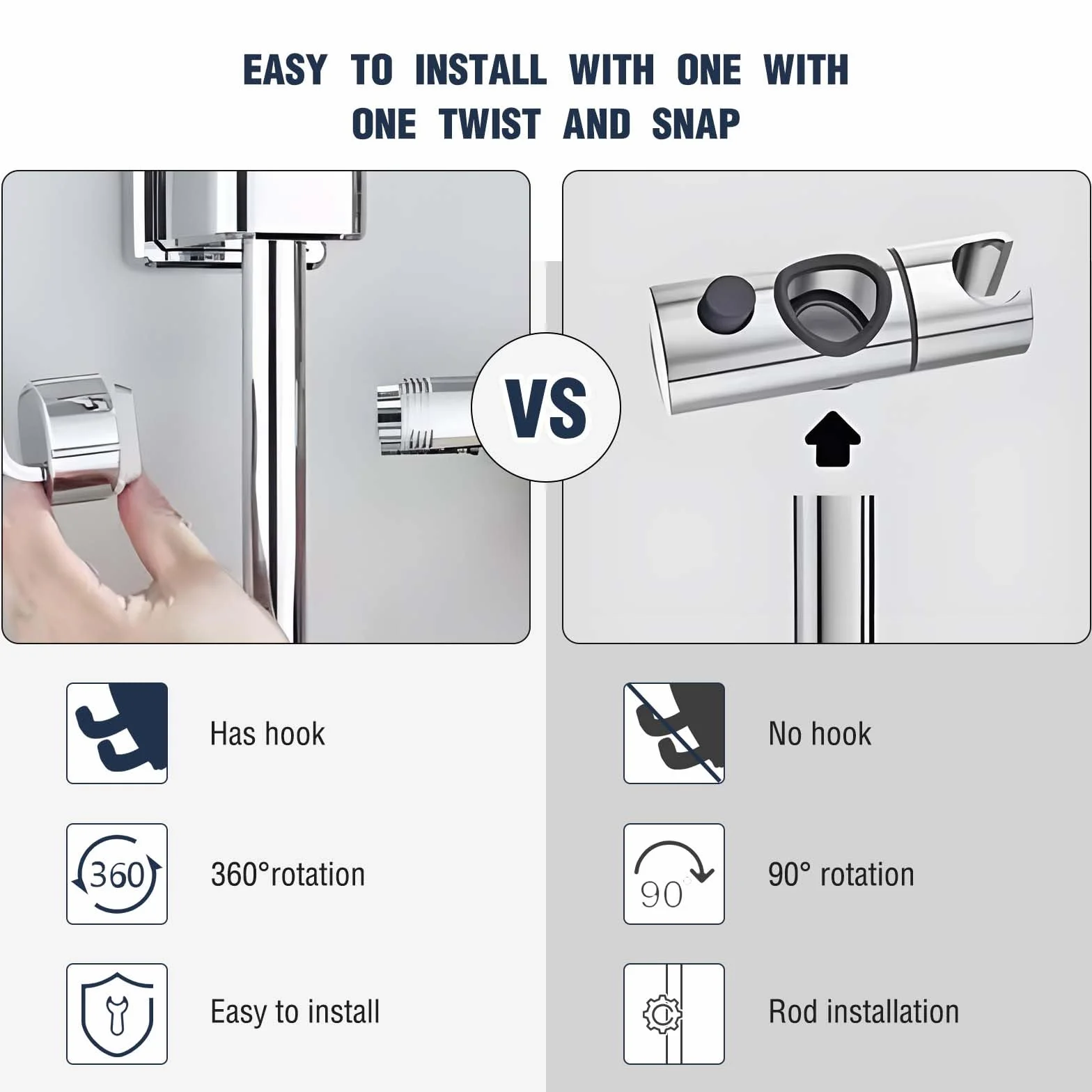 Support Pommeau de Douche Sans Percage, Diamètre Réglable 18-25 mm, avec Crochet et Entretoise Intégrée