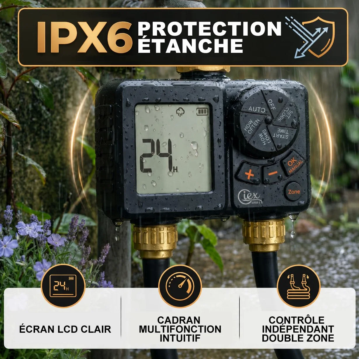GIEX Ordinateur d'arrosage 2 voies, minuterie d'arrosage rechargeable 2 zones avec connecteur en laiton, minuterie d'eau programmable avec IP66, retard de pluie et irrigation manuelle pour jardin