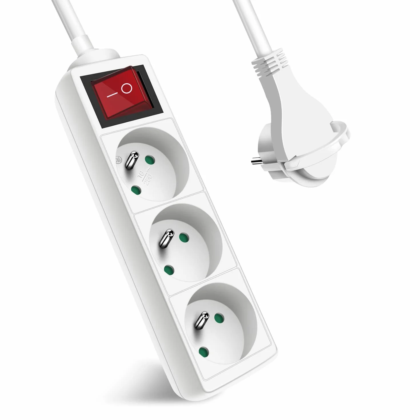 Extrastar Bloc 3 Prises avec Interrupteur Rallonge 1.5m 230 V Sécurité Enfant Blanc