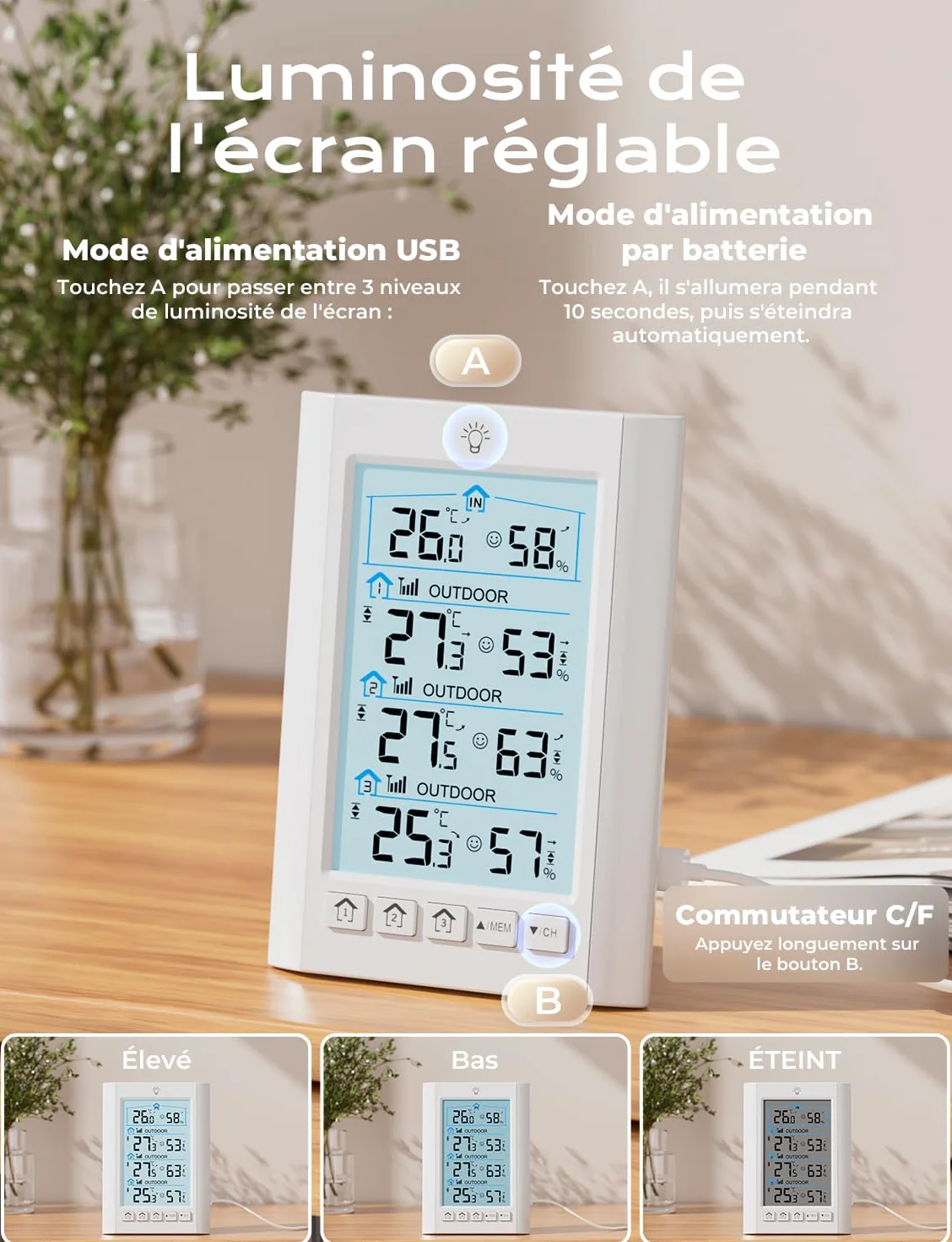 Station Meteo Interieur Exterieur Sans Fil LIORQUE Thermometre Hygrometre avec 3 capteurs LCD Portee Transmission 100m