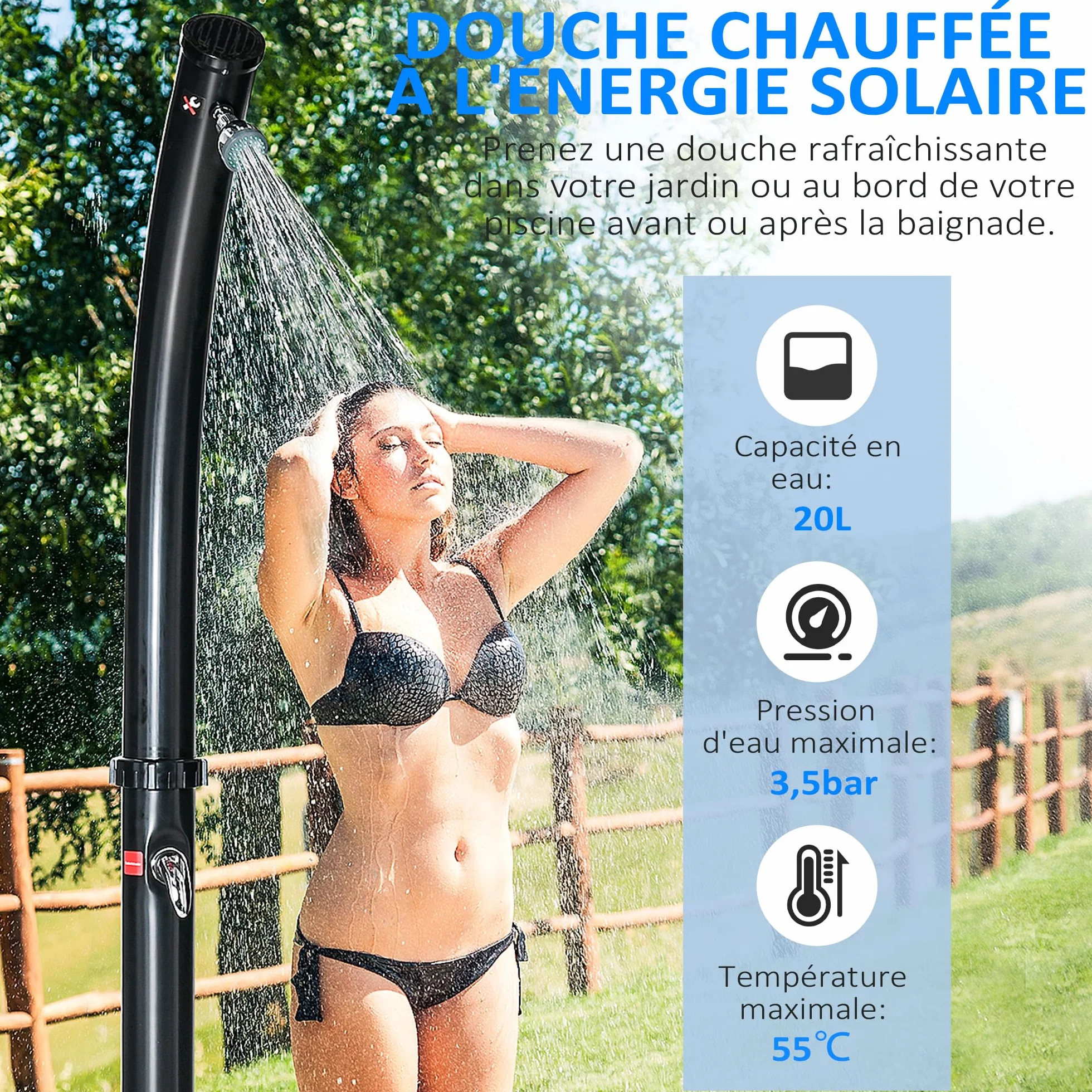 Outsunny Douche Solaire extérieur 20 litres réglable 60℃ Jardin Camping Piscine Plage Noir