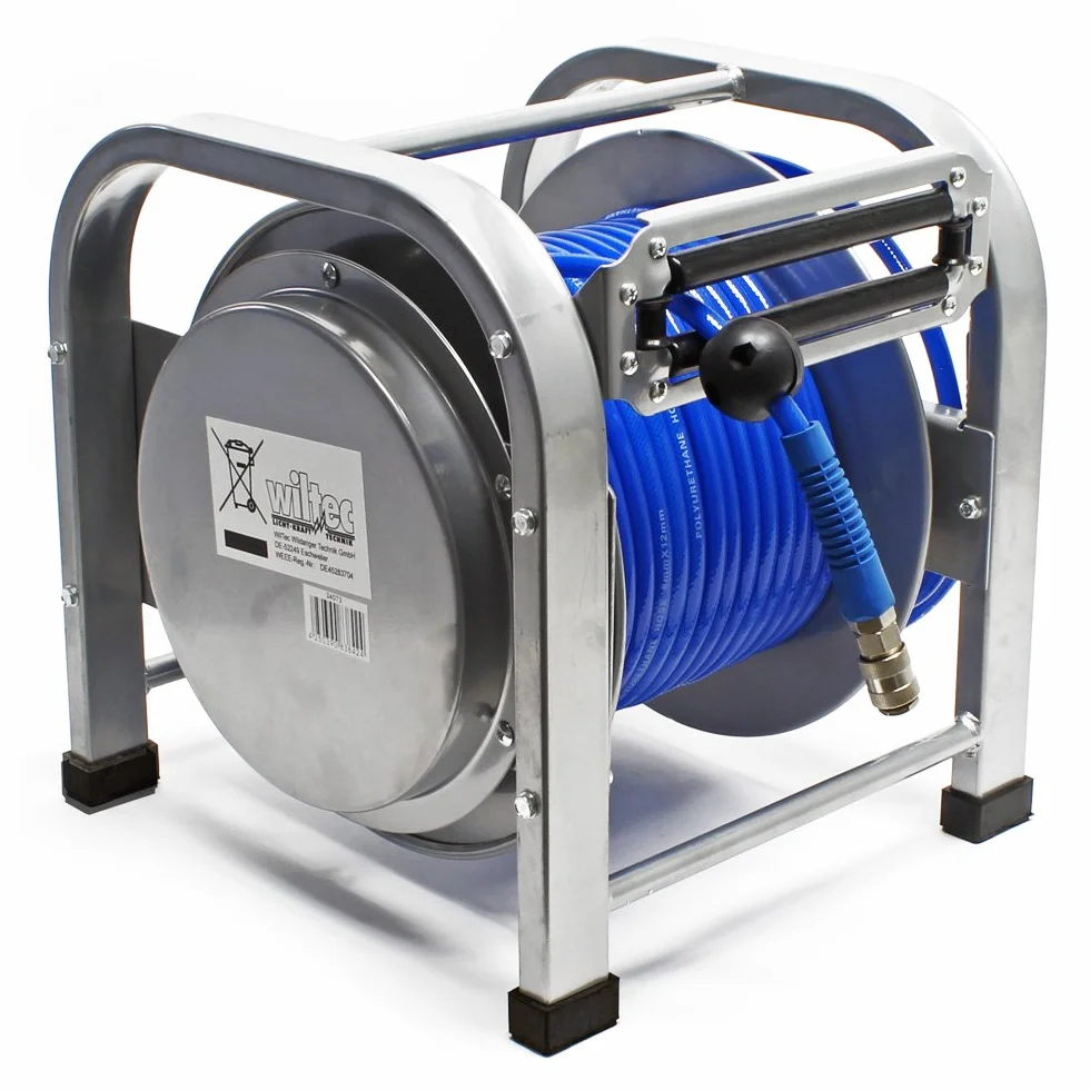 Wiltec Dévidoir automatique avec tuyau 30 m, 360 x 385 x 380 mm, En acier et PU, Enrouleur de tuyau pneumatique 12 bar, connexion 1/4"