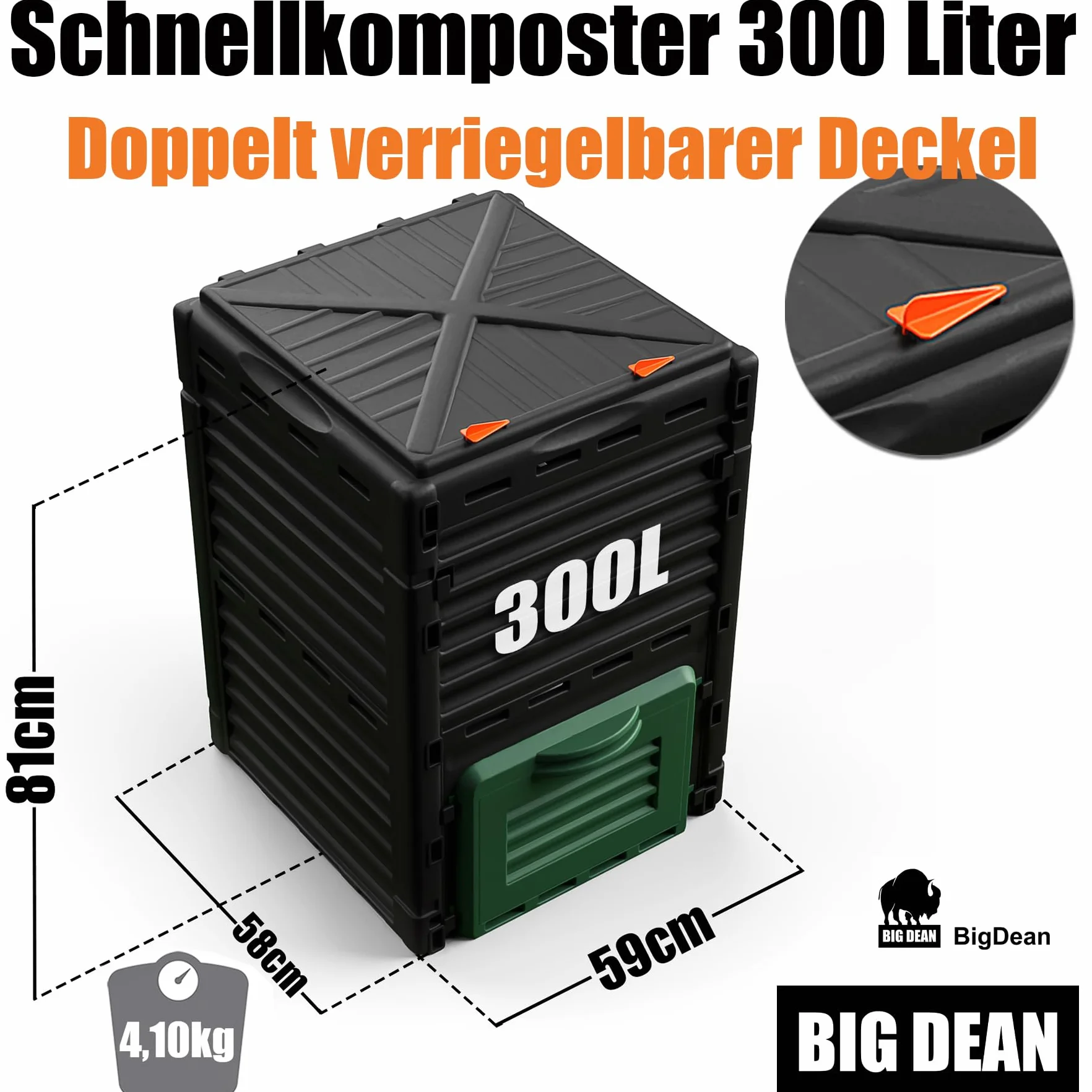 BigDean Composteur jardin 300 litres plastique résistant intempéries fabriqué Europe