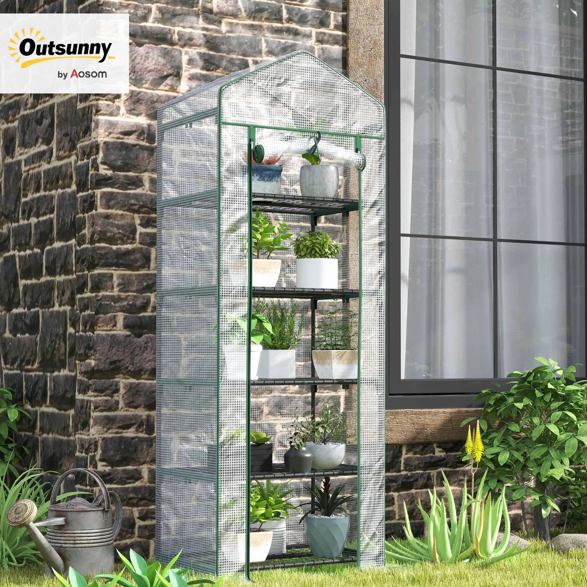 Outsunny Serre de Jardin PE avec étagères 5 Niveaux, Serre de Balcon, bâche renforcée, châssis en Acier, Porte zippée Enroulable, pour légumes Plantes Fleurs, 69 x 49 x 193 cm, Blanc