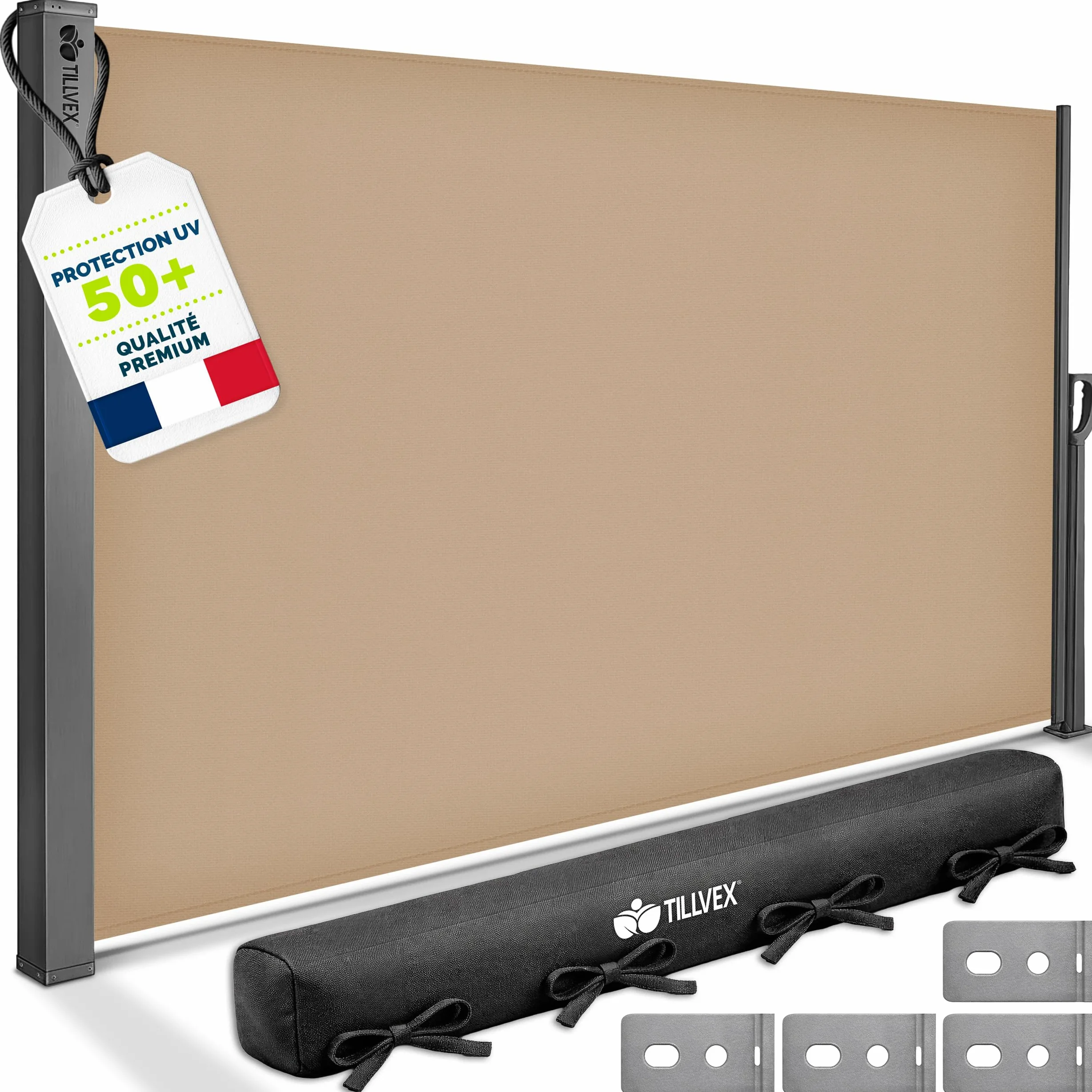 tillvex® Store latéral 160 x 400 cm extensible et opaque avec Housse de protection | Brise-vue pour balcon, jardin et terrasse | Support mural | Protection solaire en acier inoxydable | Contre le vent