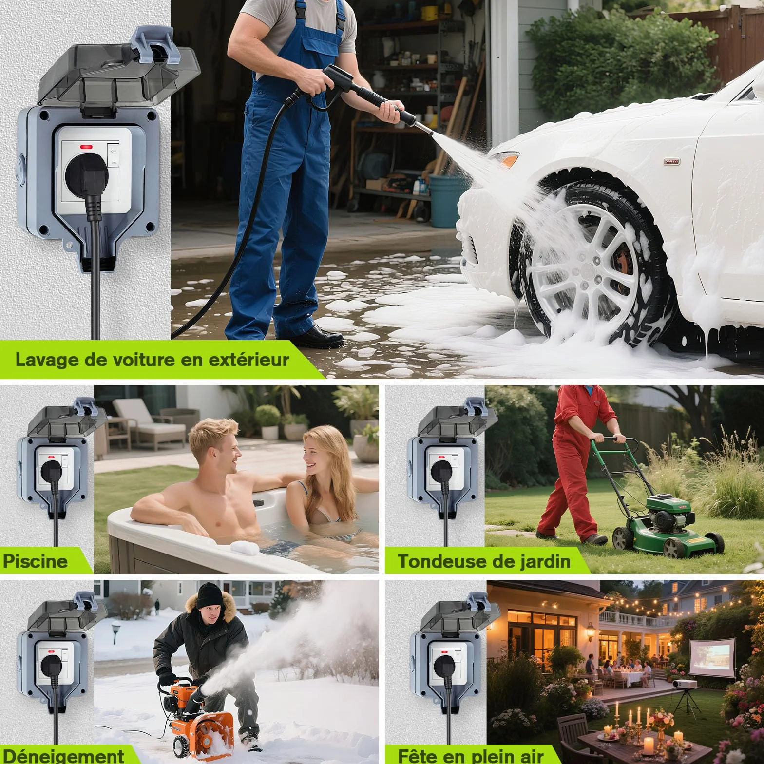 Prise Extérieure Étanche IP66 avec Interrupteur LED, Fixation Murale Gris