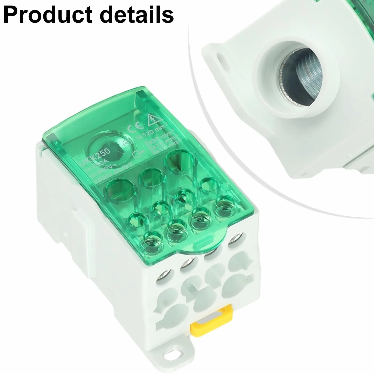 Yhenlovtt Boîte de jonction bornier rail DIN 80 A - 500 A Connecteur distribution alimentation unipolaire vert PC ignifuge laiton étamé 250 A