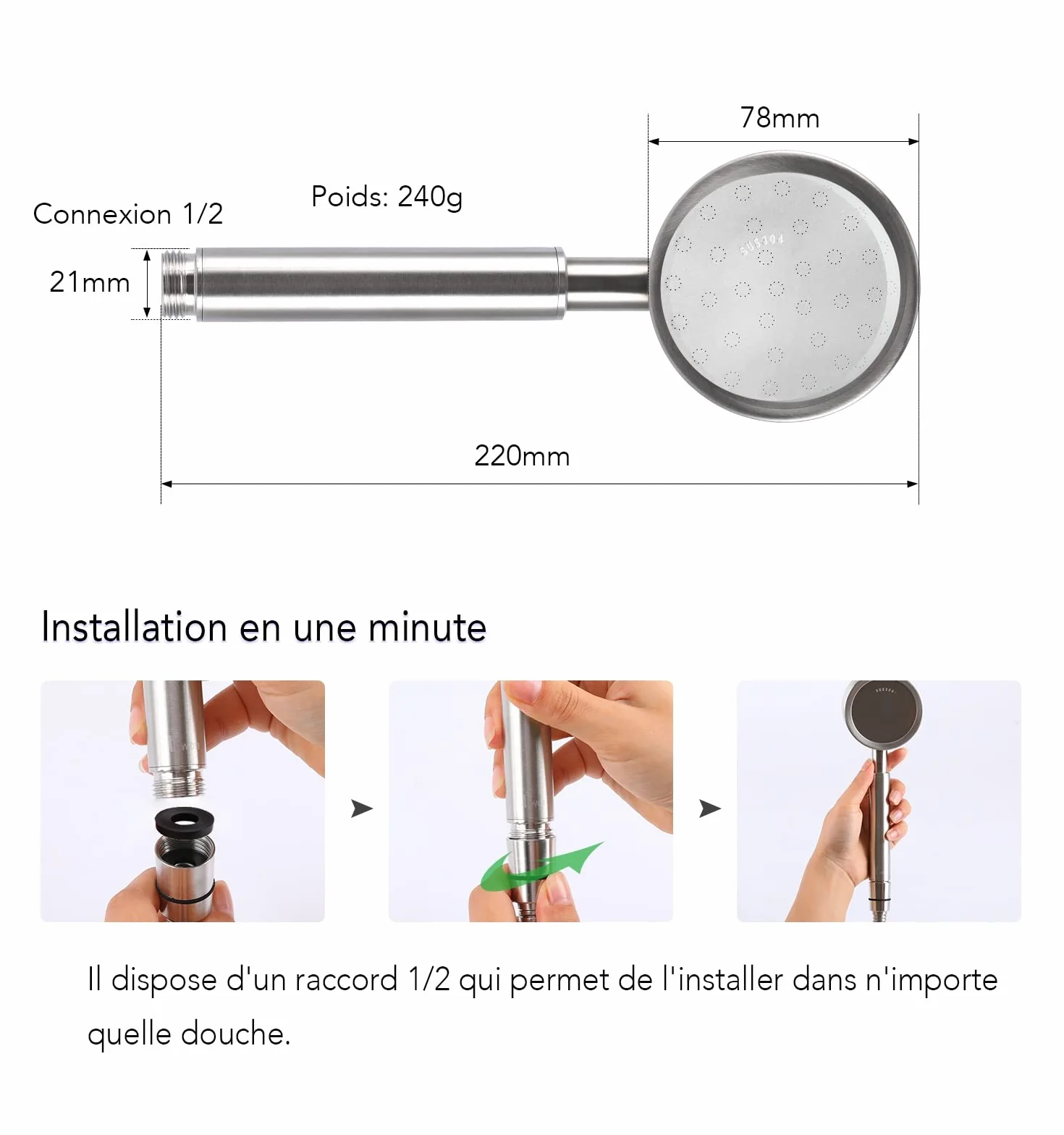 Pommeau Douche Haute Pression Acier Inoxydable 304 Douchette Salle de Bain