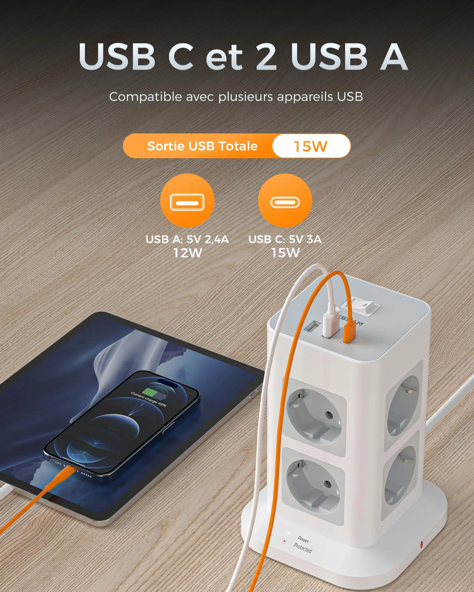 TESSAN 11 en 1 Multiprise avec Interrupteur, 8 Prises AC 3 USB, Parafoudre 3600W Rallonge 2M, Gris