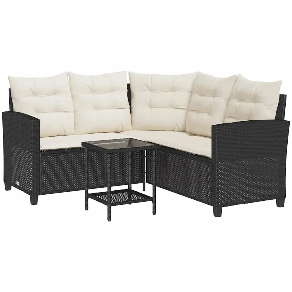 vidaXL Canapé de Jardin en L avec Table et Coussins Noir résine tressée