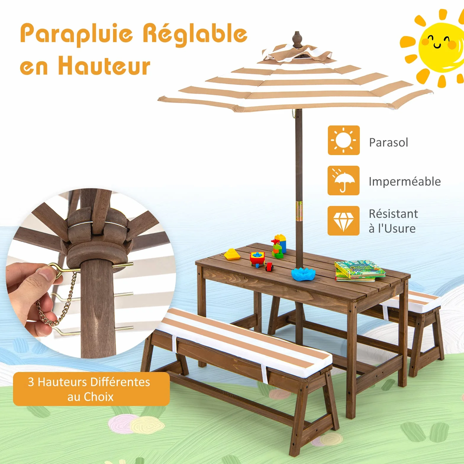 COSTWAY Table de Pique-Nique Enfants avec Parasol Réglable, Salon Jardin Bois Coussins, 89 x 44 x 50 cm Marron