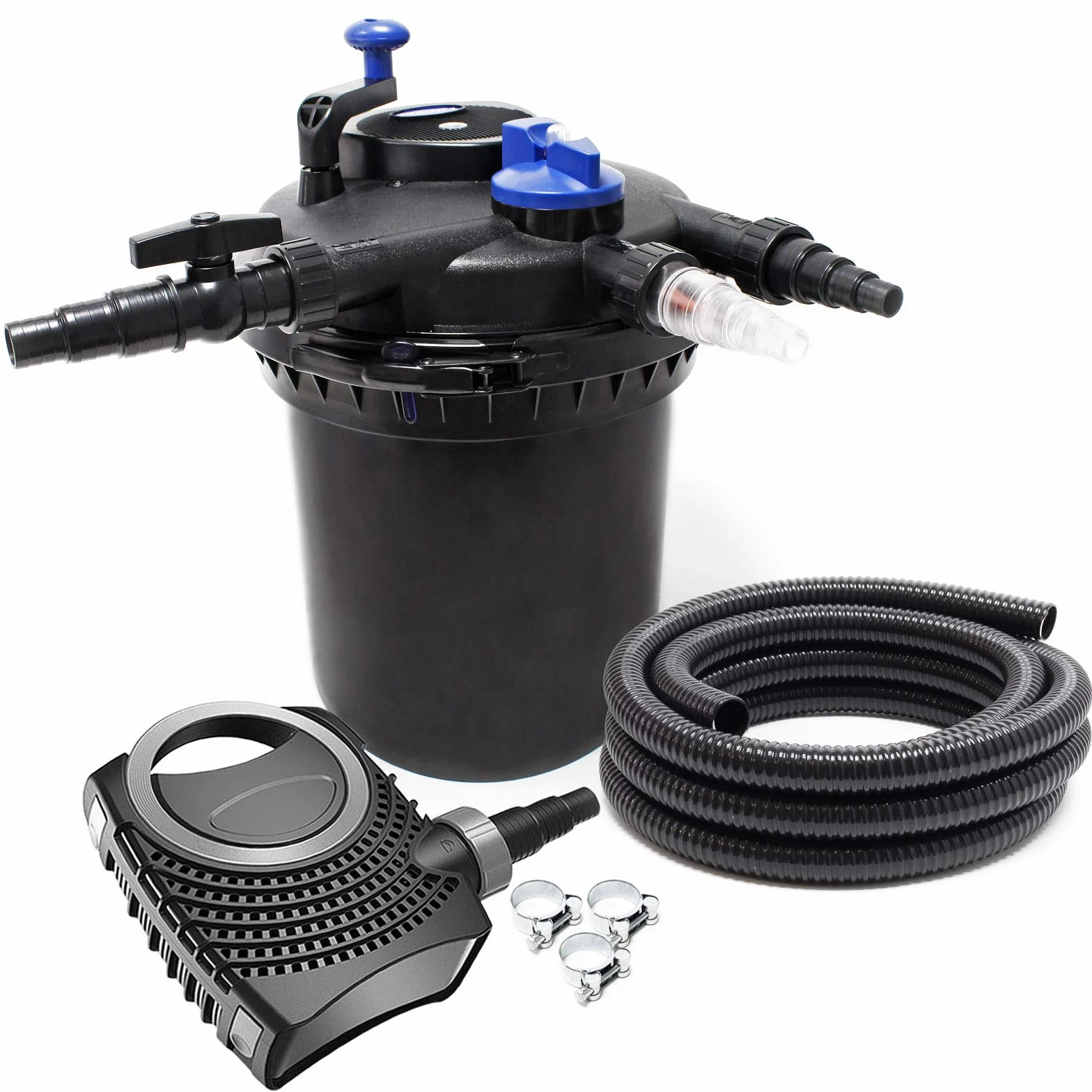 SunSun Kit complet CPF-10000 Filtre de bassin à pression 10000 L 11W lampe UV NEO8000 SuperEco pompe 8000l/h 70W 10m Tuyau 38 mm collier de serrage