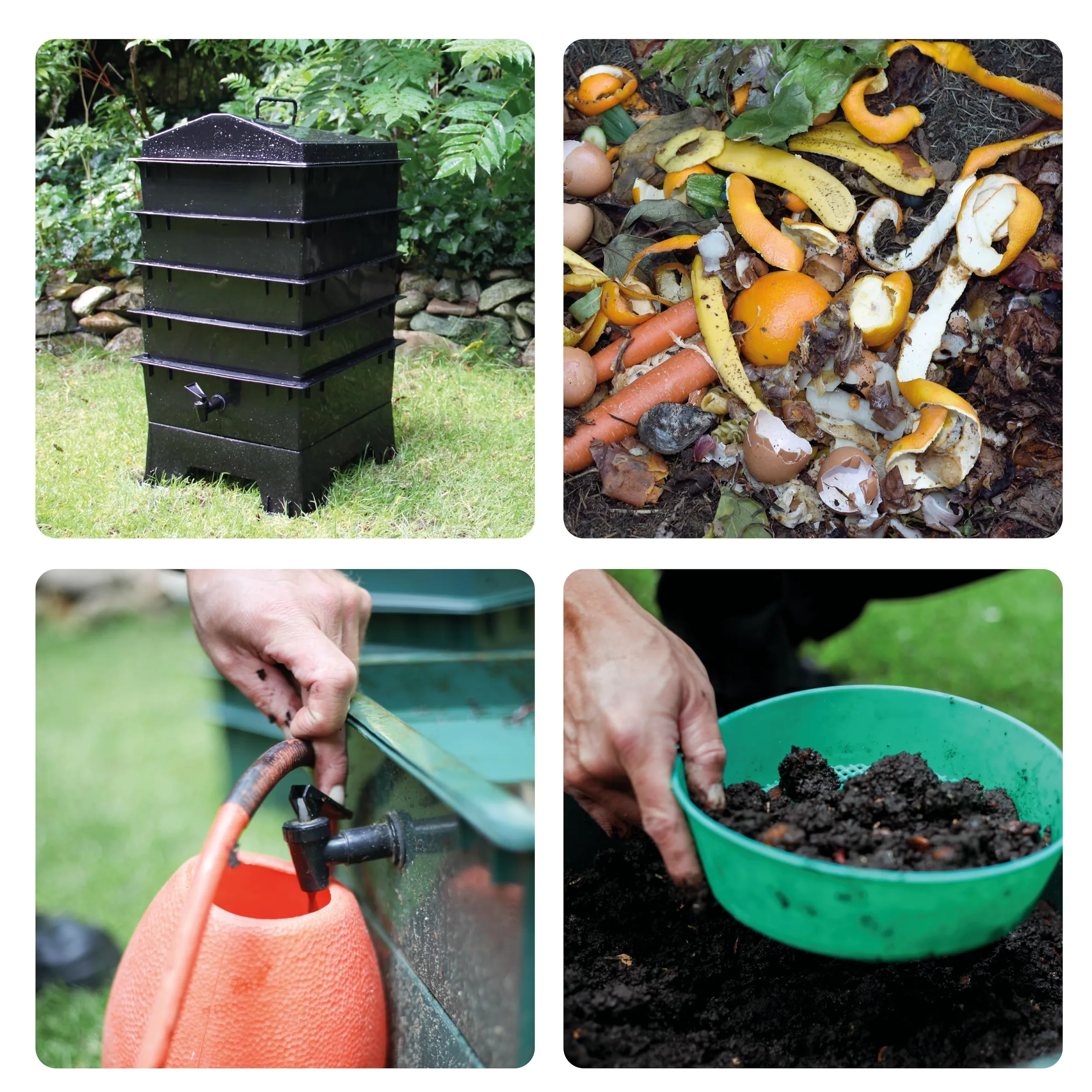 Lombricomposteur 4 Plateaux Kit Complet | 150gr de vers de Compost | Substrat de démarrage + Bloc de Coco + Accessoires | Intérieur, Balcon et Jardin (Noir)