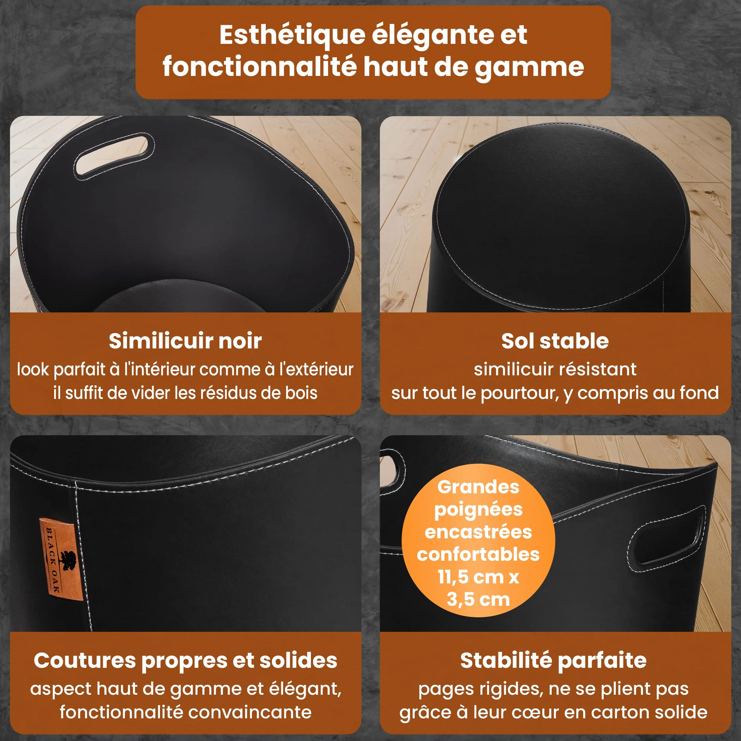 BLACK OAK DAKOTA L 40L Panier pour bois de cheminée en cuir synthétique noir - Capacité de charge 30kg - 40 litres 40x38x32cm - Panier pour bois de cheminée en bois Sac pour bois de chauffage Panier