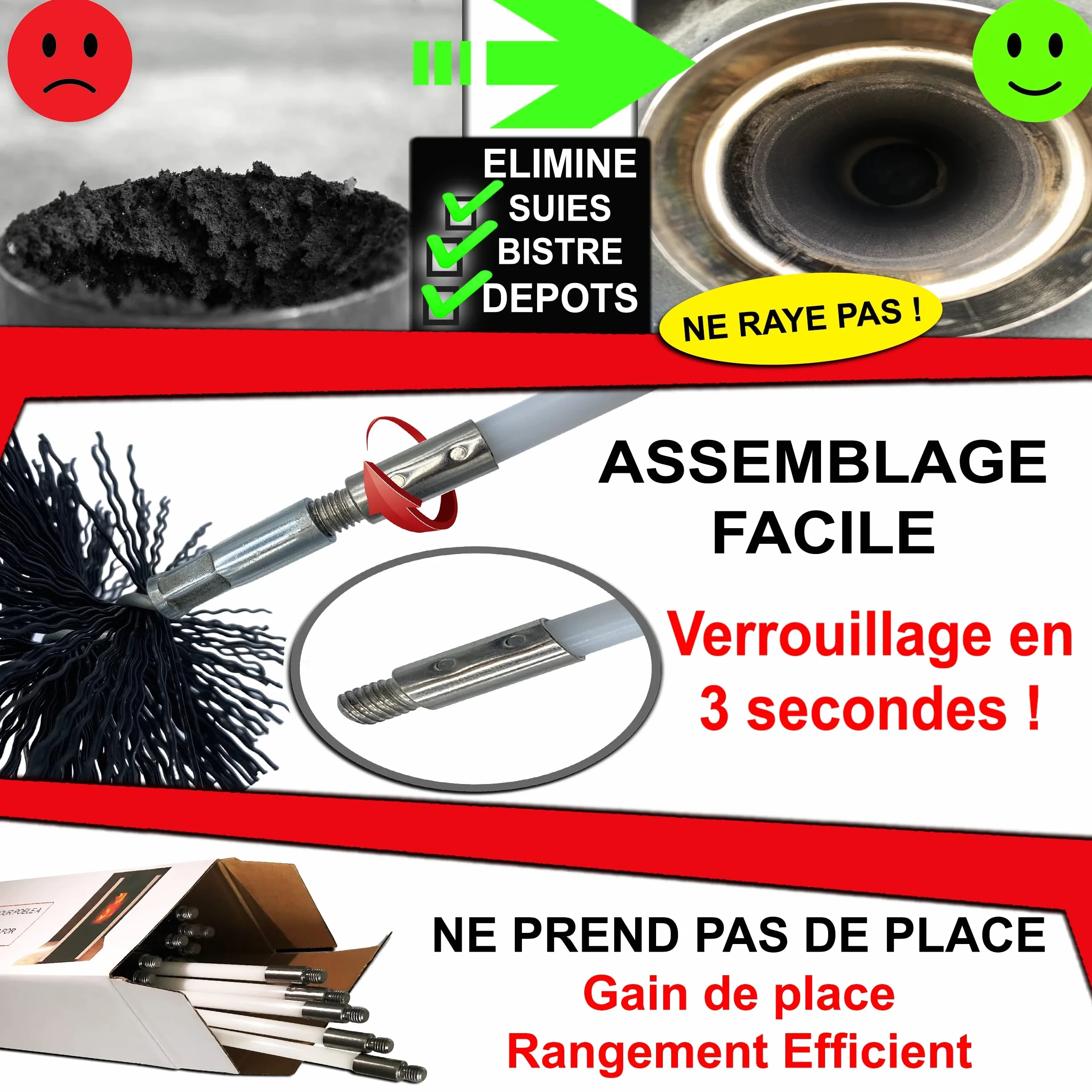 Kit de ramonage pour poêle à granulés 6 mètres | Hérisson 80/100 mm | 10 tiges flexible