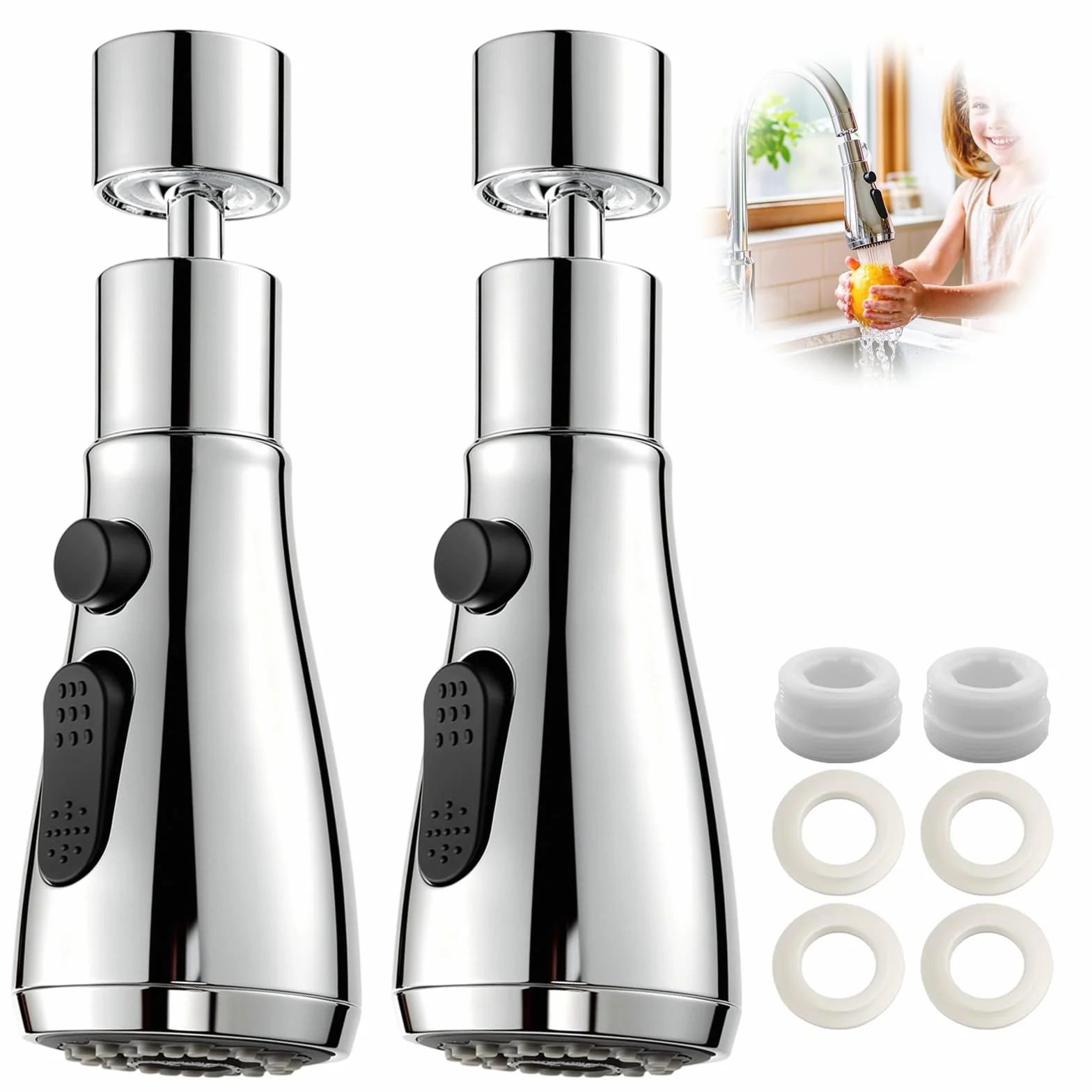 Robinet Cuisine 360 Degres Douchette, Embout Multifonction 3 Modes, Adaptateur Universel Orientable