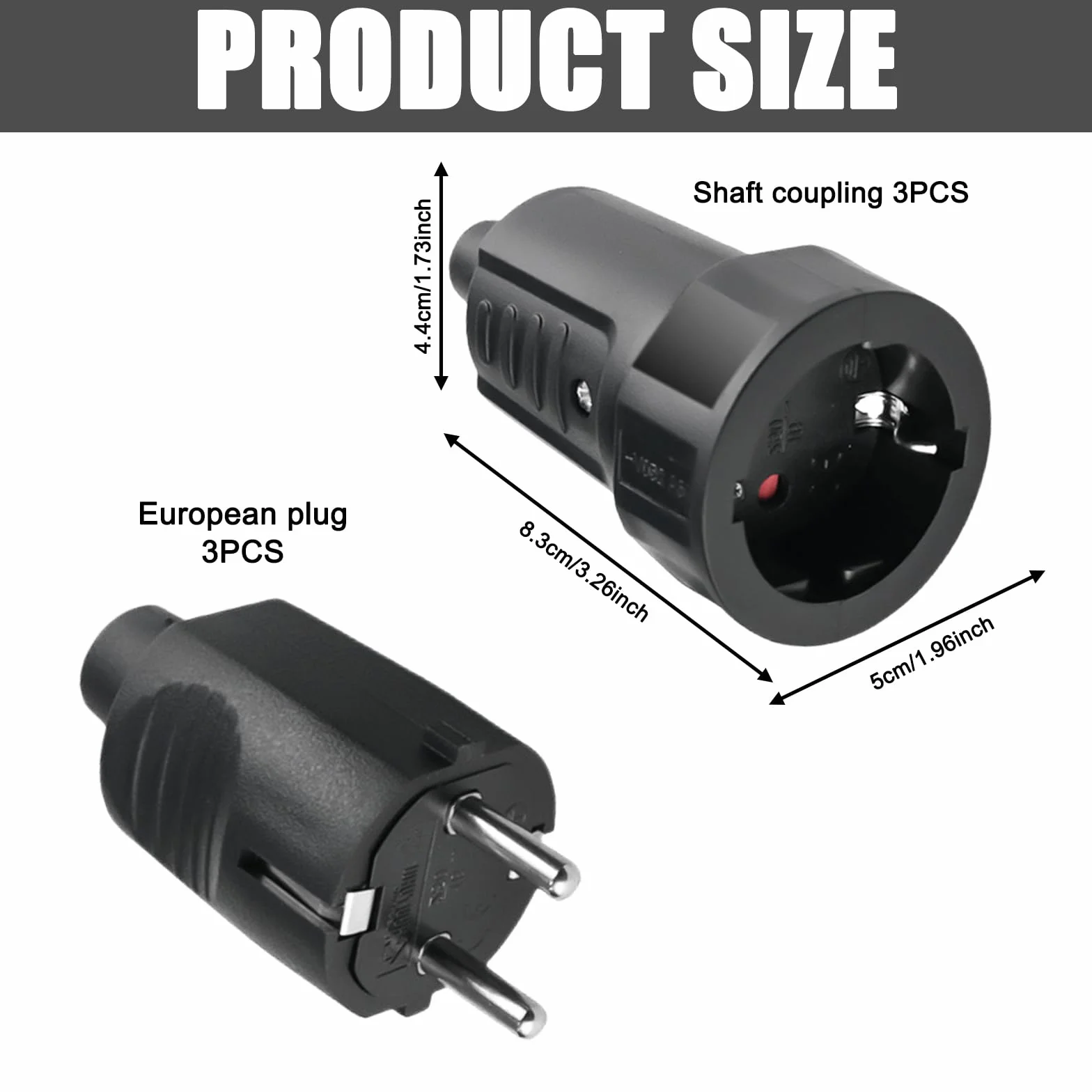 Lot de 3 paires de fiches Schuko 250V 16A IP44 en caoutchouc avec protection anti-torsion noir