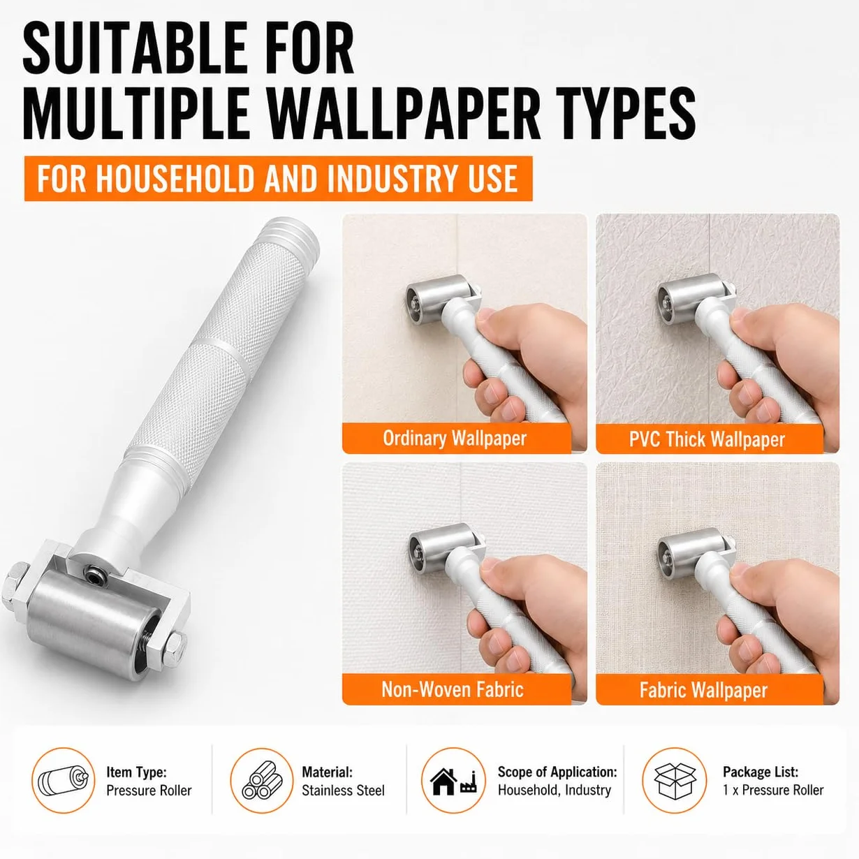 VOBOR Rouleau de Pression Plat Acier Inoxydable 40mm, Outil Marouflage Joint Papier Peint