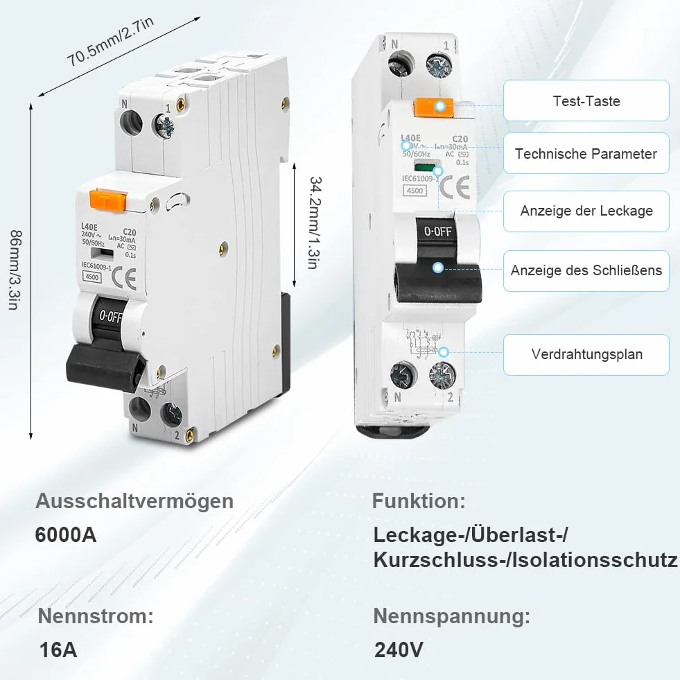 Disjoncteur Fi RCBO Différentiel 30mA Type A 1P+N 16A 6000A 240V