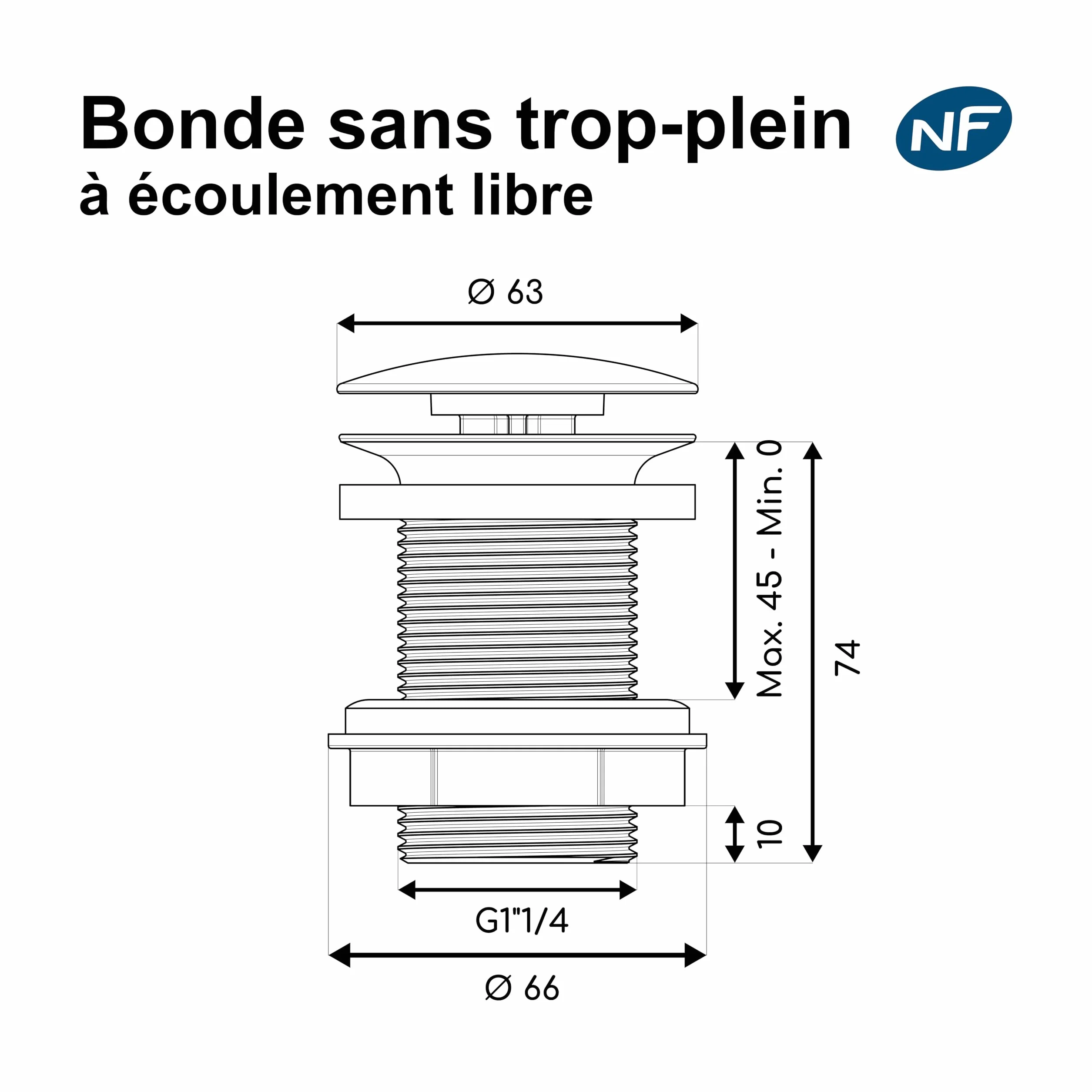 Bonde de Lavabo à Écoulement Libre Sans Trop-Plein Laiton Brossé Certifiée NF