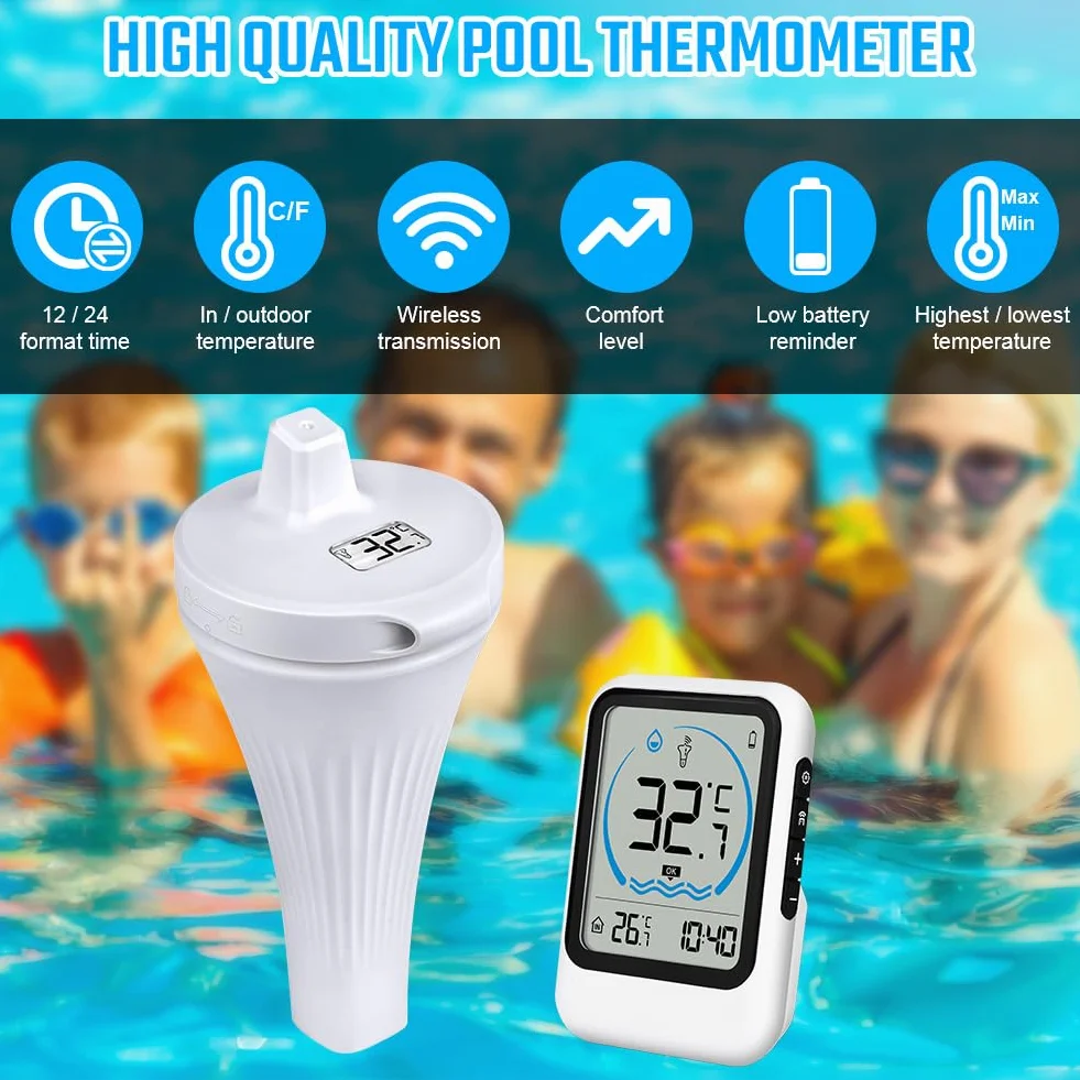 OFFCUP Thermomètre Piscine Flottant Sans Fil IP67 Étanche Numérique Intérieur Extérieur